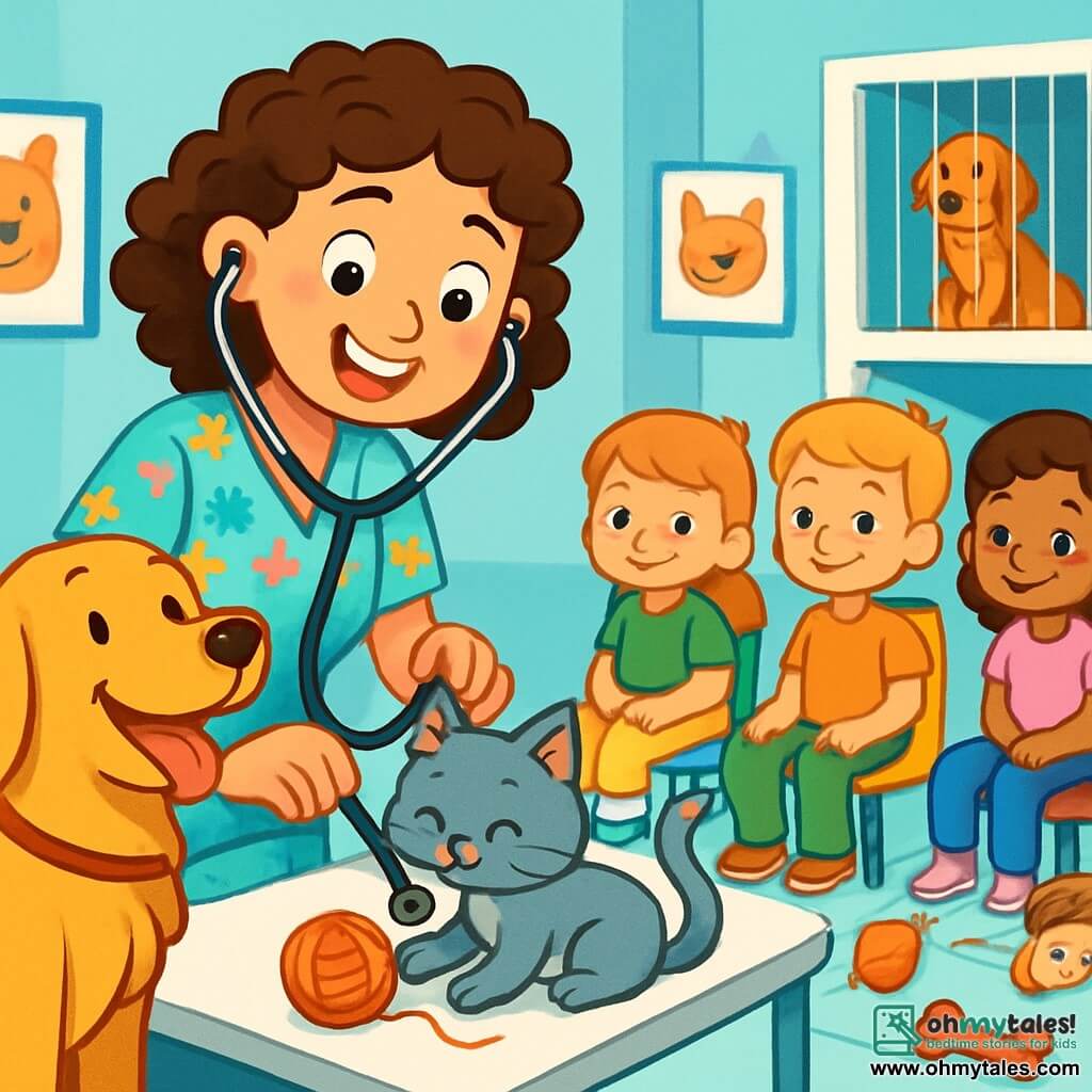 A cheerful veterinarian, Dr. Lily Green, has curly brown hair and wears colorful scrubs with little paw prints. She has a warm smile and sparkling eyes as she examines a small gray kitten named Whiskers, who is playing with a ball of yarn. Beside her, Max, a friendly golden retriever, sits with a wagging tail, curiously watching the kitten. The scene takes place in a bright and welcoming veterinary clinic with pastel blue walls, smiling animal posters, and cages containing happy animals. Pet toys are scattered on the floor, creating a joyful atmosphere. Dr. Lily is giving Whiskers a check-up, holding a stethoscope and laughing, while children Emma, Liam, Sofia, and Noah watch in awe from colorful chairs, eager to learn how to take care of animals.