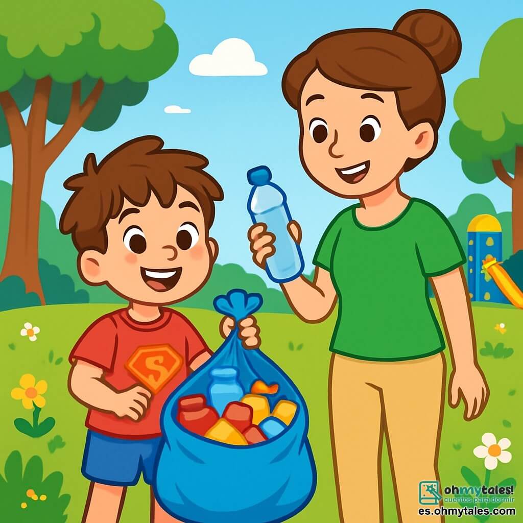 Un niño de 6 años, Lucas, con cabello castaño despeinado y ojos llenos de curiosidad, sonríe alegremente mientras sostiene una gran bolsa de basura colorida. Lleva una camiseta roja con un dibujo de superhéroe y un pantalón corto azul. A su lado, su mamá, una mujer de unos 30 años con cabello castaño recogido en un moño, lleva una camiseta verde y pantalones beige. Sonríe orgullosamente mientras sostiene una botella de plástico que acaba de recoger. El parque es verde, lleno de flores coloridas, árboles majestuosos y un césped bien cuidado. Al fondo, se pueden ver niños jugando en columpios y un tobogán. La escena muestra a Lucas y su mamá recogiendo basura en el parque, rodeados de risas y alegría, ilustrando la importancia de cuidar la naturaleza.