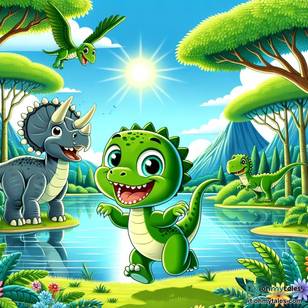Un piccolo velociraptor di nome Rocco, con un piumaggio verde brillante e occhi pieni di curiosità, salta gioiosamente al bordo di un grande lago, mostrando un ampio sorriso. Accanto a lui, un triceratopo di nome Tito, con tre corna sulla fronte e una pelle grigia, lo osserva con entusiasmo, pronto a seguirlo nell'avventura. Non lontano, un ankilosauro di nome Nino, con una corazza spessa e spine sulla schiena, si tiene indietro, sorridendo e guardando il lago con ammirazione. Lo scenario è una giungla lussureggiante, piena di alberi giganti con foglie verdi brillanti, fiori colorati e raggi di sole che filtrano attraverso il fogliame, creando un'atmosfera magica. Sullo sfondo, si profilano montagne all'orizzonte, aggiungendo un tocco di avventura alla scena. La situazione principale mostra Rocco, Tito e Nino che giocano vicino al lago, ridendo e divertendosi, mentre cercano il grande brontosauro, simboleggiando l'amicizia e l'avventura in questo mondo preistorico.