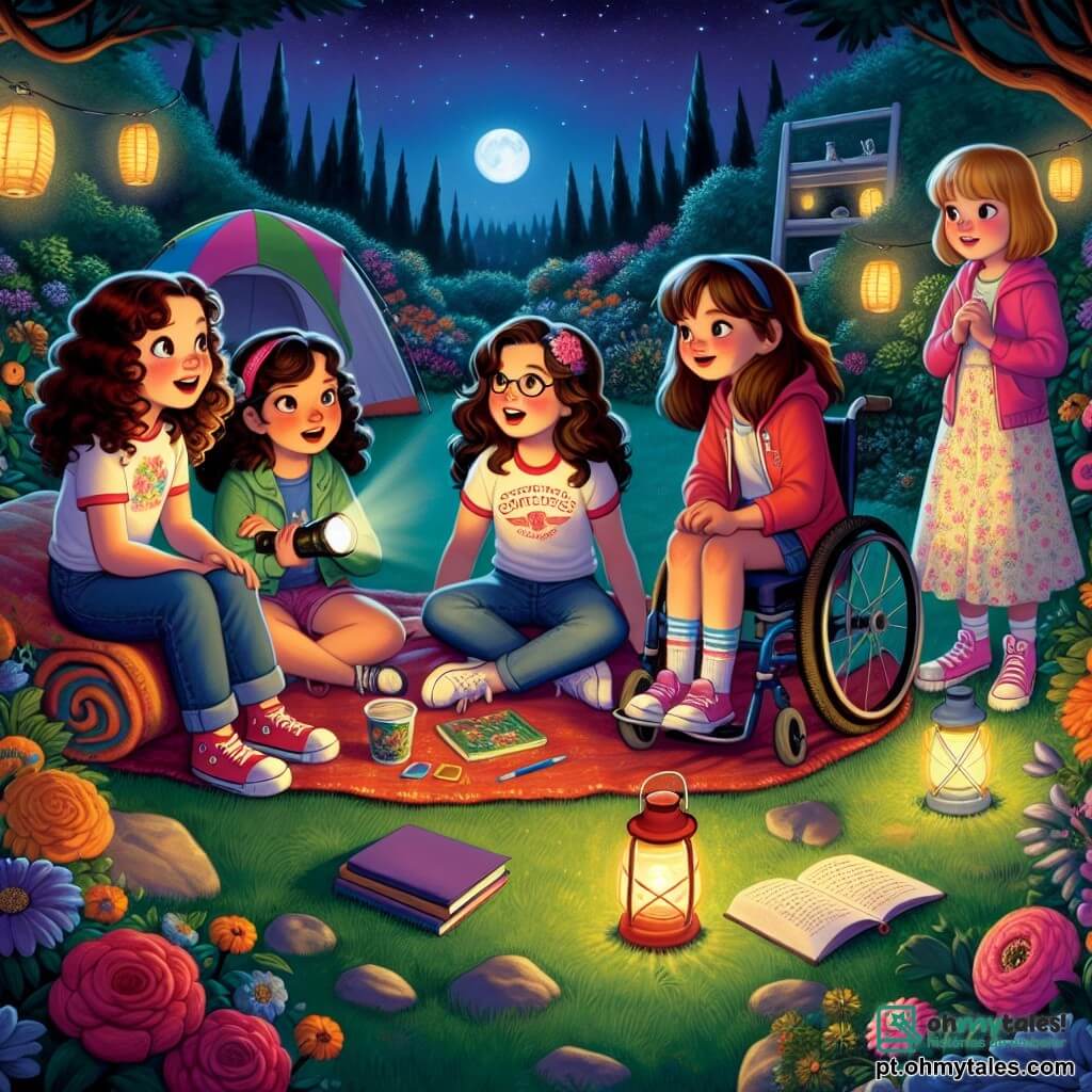 Em um jardim noturno, quatro meninas de onze anos estão ao redor de uma pequena tenda colorida. Beatriz, a líder corajosa, tem cabelos cacheados e usa uma camiseta vermelha com um short jeans, segurando uma lanterna. Luísa, a criativa, tem cabelos longos e lisos presos em um rabo de cavalo e usa um vestido florido, sentada em uma coberta, contando uma história. Clara, a estrategista, tem cabelos castanhos e usa um moletom azul, está em sua cadeira de rodas, sorrindo e ouvindo atentamente com um caderno no colo. Sofia, a mais tímida, tem cabelos loiros e usa um suéter rosa, um pouco afastada, segurando uma lanterna acesa e observando as sombras ao seu redor. O jardim é iluminado pela luz suave da lua, destacando as flores coloridas e as árvores misteriosas. As meninas se preparam para passar a noite juntas, compartilhando histórias e enfrentando seus medos do escuro, enquanto as estrelas brilham acima, adicionando um toque mágico a esta aventura noturna.