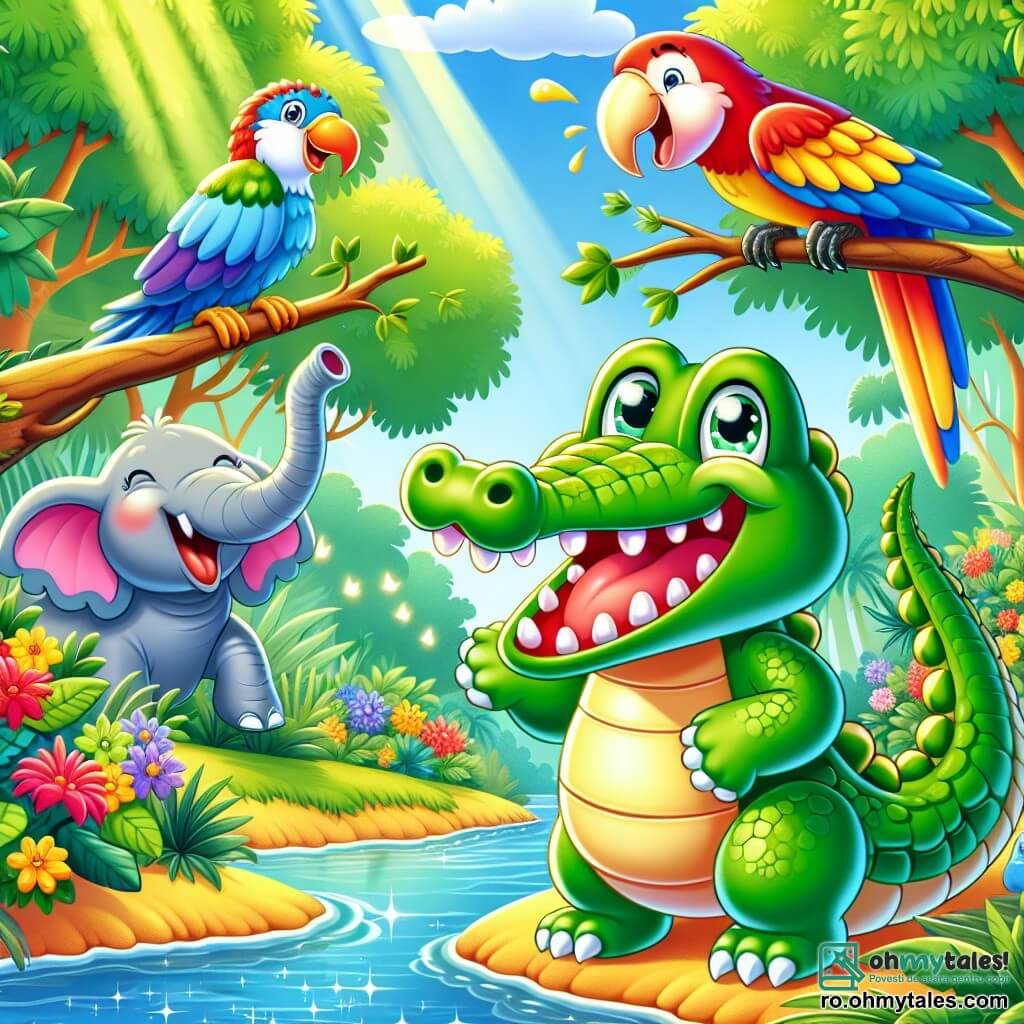 Un crocodil zâmbitor pe nume Chichi, cu o piele verde strălucitoare și ochi plini de bucurie, stă pe marginea unui pârâu, râzând din toate puterile. Lângă el, un papagal colorat pe nume Pepi, cu pene roșii, galbene și albastre, se agață de o ramură, râzând cu poftă, pregătit să spună o glumă. În fundal, un elefant jovial pe nume DumDum, cu urechi mari și o trompă amuzantă, stă pe mal, pregătindu-se să facă o glumă despre trompa sa. Decorul este o junglă luxuriantă, plină de frunze verzi, flori colorate și copaci măreți, în timp ce soarele strălucește printre frunze, creând o atmosferă veselă și jucăușă. Scena arată cum Chichi și prietenii săi râd împreună, înconjurați de lumea lor magică, pregătiți să împărtășească povești amuzante și să se distreze.