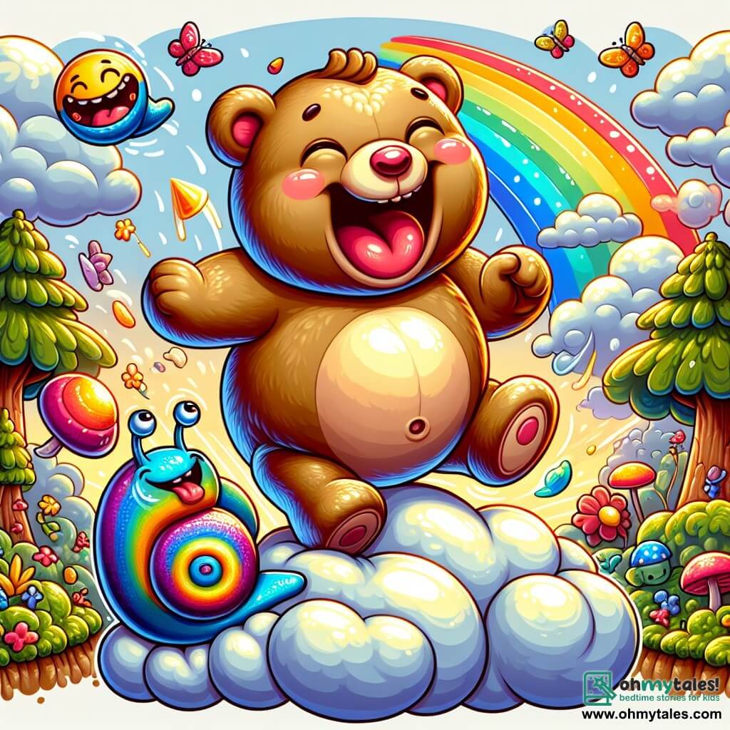 An illustration depicts a joyful, chubby teddy bear with a bouncing belly, laughing heartily while jumping on a fluffy cloud. Its eyes sparkle with happiness, and its soft brown fur is adorned with a small red bow around its neck. Next to it, a colorful snail with a rainbow-hued spiral shell, wearing a monocle and a top hat, smiles mischievously while sliding on the cloud, clearly amused by the scene. In the background, a fantastical landscape of Bouncy World unfolds, with trees seemingly bouncing in the wind, laughing flowers, and dancing butterflies, all bathed in bright, cheerful light. The main action shows the teddy bear leaping into the air, ready to catch a laughing cloud, while the snail enthusiastically cheers it on. Other graphic elements include colorful jellies floating around, laughter illustrated by speech bubbles, and a blue sky dotted with soft, fluffy clouds, creating a playful and absurd atmosphere.