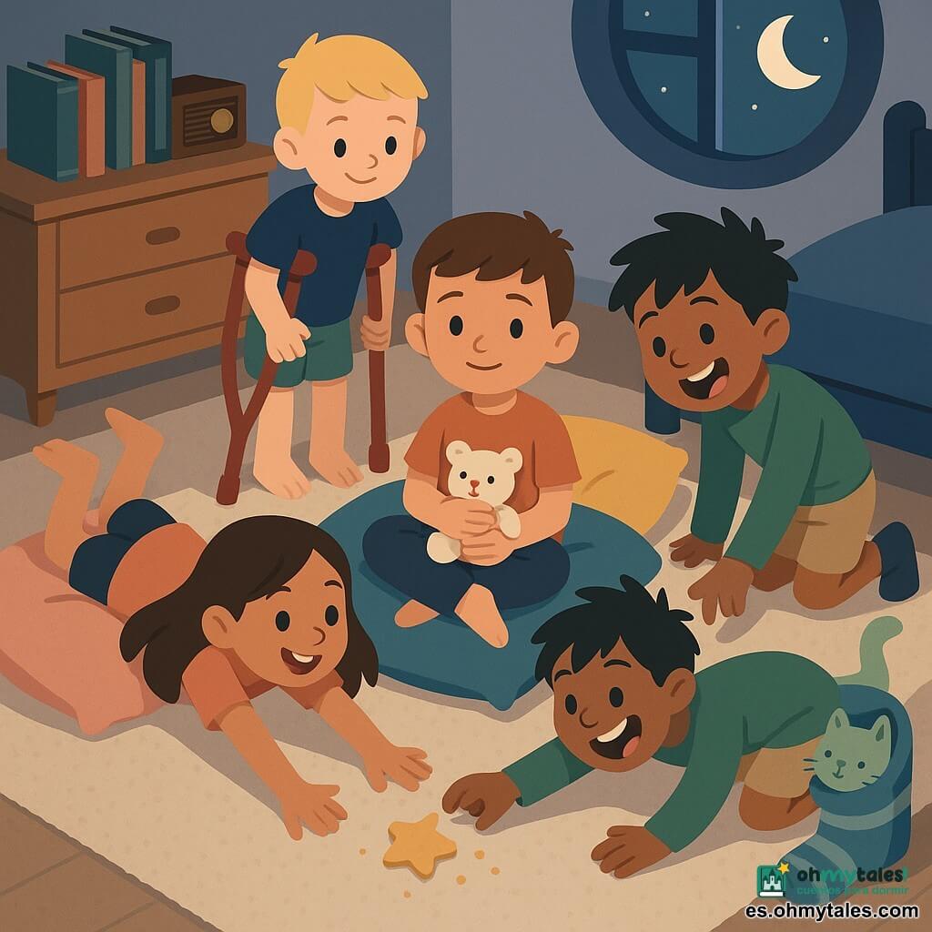 Hay cuatro niños de 9 años: Martín (pelo castaño corto, sonrisa tímida) sentado en el centro sobre un gran cojín azul abrazando un peluche blanco; Ana (pelo largo castaño, enérgica) a la izquierda de Martín, estirada en el suelo como un gato sobre un cojín rosa; Diego (pelo negro despeinado, travieso) a la derecha, inclinado hacia adelante riendo y alcanzando una galleta en forma de estrella; Lucas (pelo rubio corto, tranquilo y listo) detrás de Martín apoyado en dos muletas rojas en V, mirando con ternura. La escena ocurre en una habitación infantil cálida vista en ligera picado: alfombra crema texturada, cojines coloridos, ventana redonda con luz lunar suave, estantería con libros, una radio antigua sobre una cómoda y un pequeño gato verde pálido llamado Menta escondido en una gran media a rayas. Los cuatro compiten en un concurso de bostezos y galletas saltarinas sobre los cojines, risas silenciosas, gestos exagerados, migas en forma de estrellas por el suelo, ambiente nocturno acogedor, formas sencillas y colores pastel contrastados.
