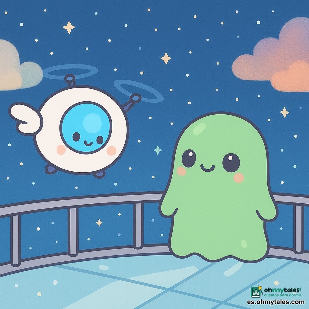 Un pequeño dron redondo llamado Liro, con una luz azul brillante en el frente y alas que zumban suavemente, flota alegremente en el espacio. A su lado, Nura, una criatura extraterrestre verde y gelatinosa, sonríe con ojos negros centelleantes, de pie cerca de la barandilla de la terraza de la estación espacial Nube Clara. La terraza tiene un suelo de vidrio transparente y barandillas plateadas, ofreciendo una vista espectacular del espacio infinito, salpicado de estrellas centelleantes y nubes de gas coloridas. Liro y Nura, llenos de asombro, miran juntos las estrellas, compartiendo un momento de amistad bajo el vasto cielo estrellado.