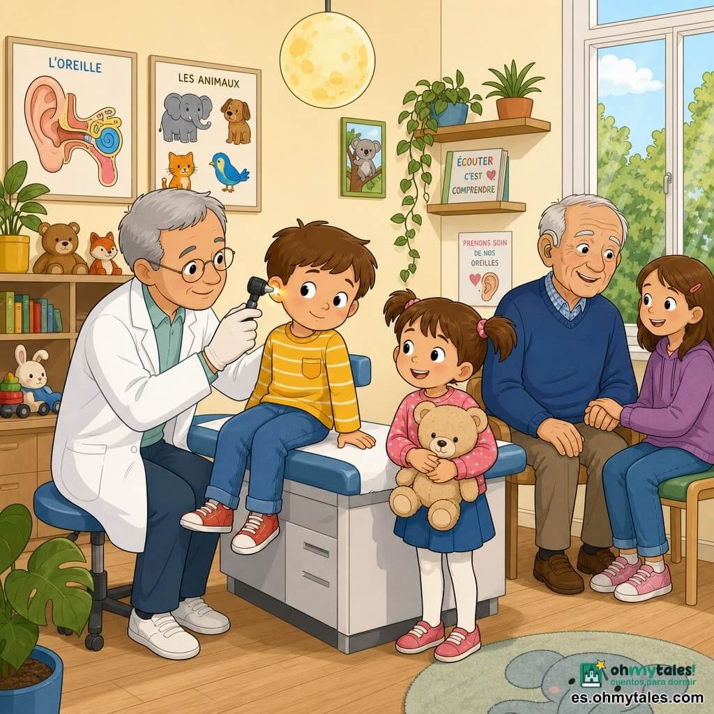 Un médico sonriente y sereno, de rostro redondo, gafas finas y cabello gris corto, con bata blanca, sostiene un otoscopio brillante con una mano enguantada y mira suavemente el oído de un niño; Tomás, de unos 5 años, cabello castaño corto y expresión tímida pero tranquila, sentado en la camilla con las piernas colgando, gira la cabeza hacia el médico; Martina, de unos 4 años, con dos coletas y un osito beige, está de pie junto a la camilla sonriendo; un abuelo de unos 75 años, arrugado pero alegre, con suéter azul y audífono detrás de la oreja derecha, sentado junto a la ventana sujetando la mano de su nieta de unos 7 años; el consultorio es acogedor y luminoso, paredes crema, plantas en maceta, pósters de orejas y animales, una lámpara redonda colgante y juguetes en una estantería; la escena principal muestra el examen de oído con un halo de luz dorada del otoscopio, ambiente cálido y tranquilizador, colores vivos y contornos nítidos.