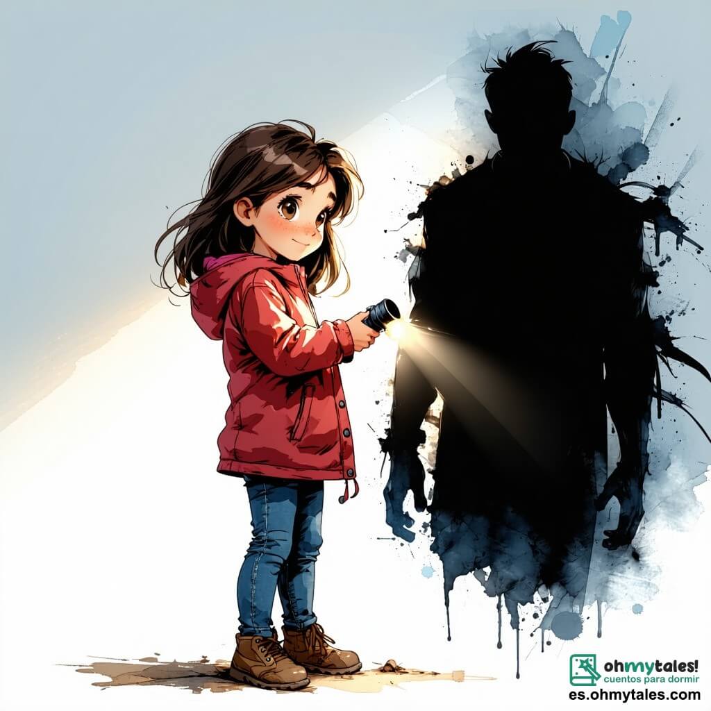Una niña de 9 años, llamada Alicia, se encuentra en el centro de la imagen, con grandes ojos curiosos y cabello castaño desordenado. Lleva una chaqueta roja y pantalones de mezclilla, sosteniendo una pequeña linterna que ilumina su rostro, revelando una expresión valiente y ligeramente asustada. Cerca, una sombra misteriosa, sin rostro pero con silueta humana, flota en el aire, observando a Alicia en silencio. La sombra parece amenazante e intrigante, situada en la oscuridad, justo fuera del haz de luz de la linterna. El escenario es un antiguo parque de atracciones abandonado, con atracciones oxidadas y luces apagadas. Telarañas cuelgan de las estructuras y hojas muertas cubren el suelo. Al fondo, se ve una casa de espejos rota, con fragmentos de vidrio reflejando la luz de la linterna de Alicia. La situación principal muestra a Alicia, decidida, avanzando hacia la casa de espejos, iluminando su camino con su linterna, mientras la sombra la sigue en silencio, creando una atmósfera inquietante y fascinante.