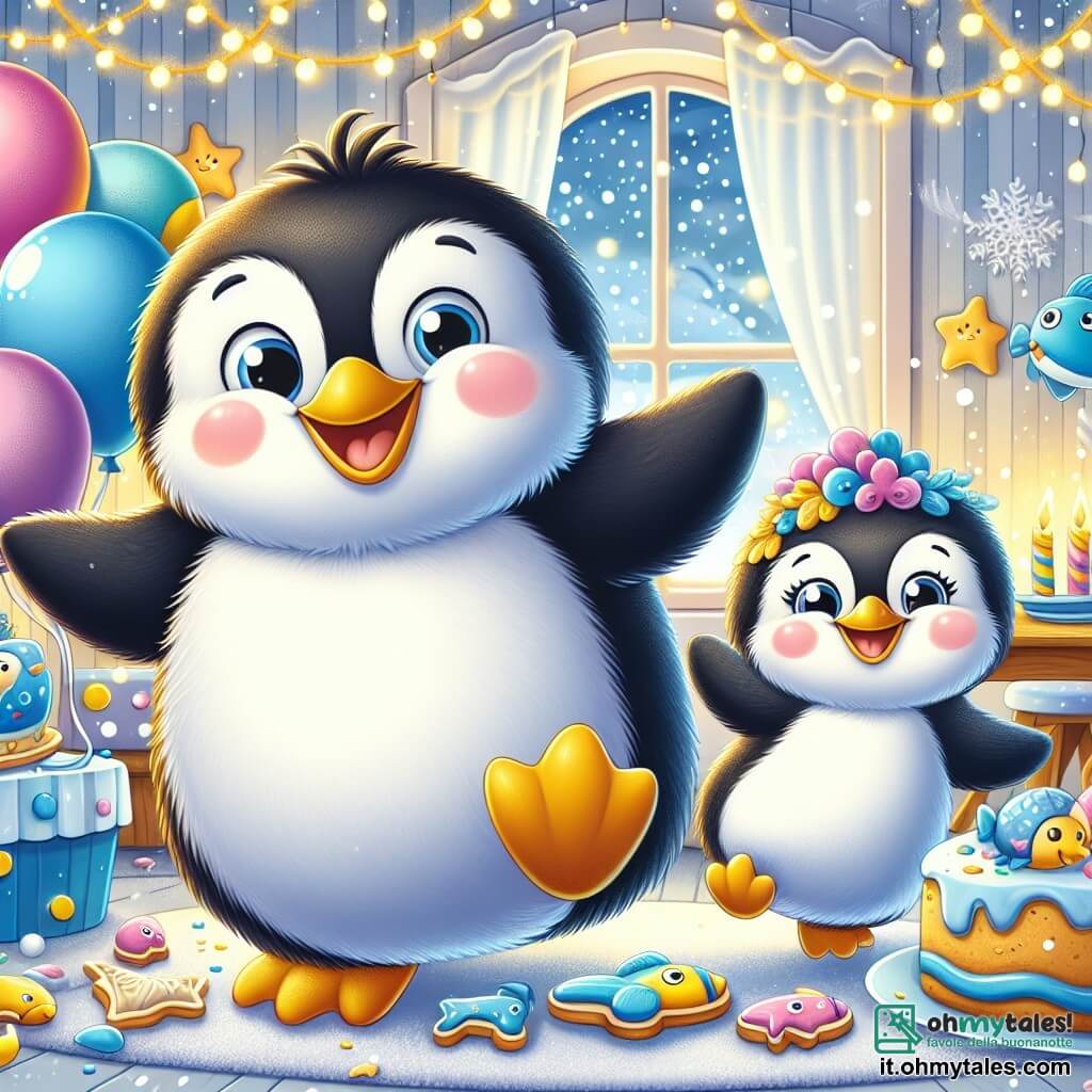 Pinguino, un pinguino felice con una pancia rotonda e piume bianche e nere, sorride tenendo un grande striscione colorato con la scritta "Benvenuto 2024!" tra le sue piccole zampe. È circondato da sua sorella, Piccola Pinguina, una piccola pinguina con occhi scintillanti e piume morbide, che salta di gioia tenendo dei palloncini colorati. La scena si svolge in una casa accogliente, decorata con ghirlande scintillanti e palloncini blu e gialli, con un grande tavolo pieno di biscotti a forma di pesce e una deliziosa torta di alghe. Sullo sfondo, la finestra mostra fiocchi di neve che cadono dolcemente, aggiungendo un tocco magico all'atmosfera. In questa illustrazione, Pinguino e Piccola Pinguina stanno preparando una festa di Capodanno, pieni di risate e gioia, pronti ad accogliere la loro famiglia per celebrare insieme l'arrivo del nuovo anno.