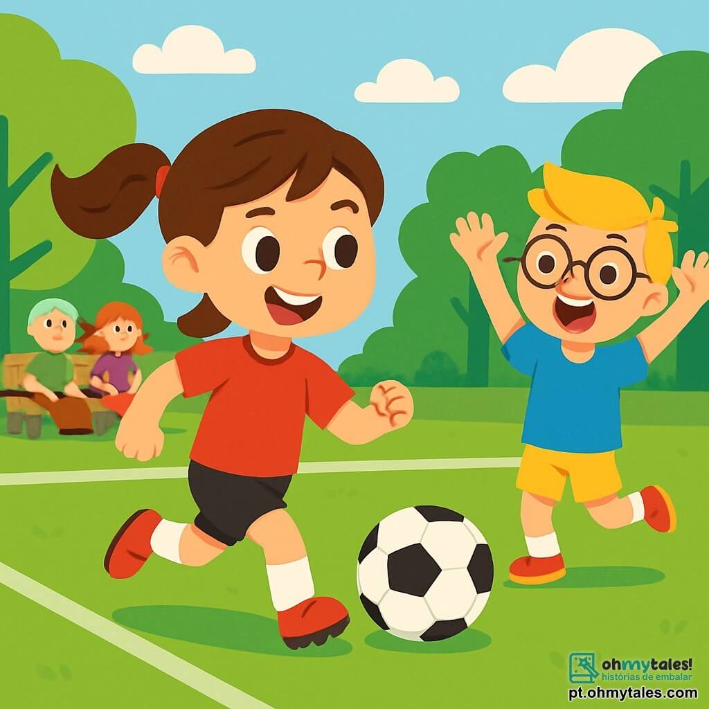Ana, uma menina de 10 anos com cabelo castanho em rabo de cavalo, usa uma camisa de futebol vermelha e um short preto. Ela tem um sorriso determinado e olhos brilhantes de alegria, correndo em um campo de futebol verde. Ao lado dela, Pedro, um garoto de 9 anos com cabelo loiro e óculos, veste uma camiseta azul e um short amarelo. Ele aplaude Ana entusiasticamente, em pé na beira do campo, com os braços levantados. O local é um grande campo de futebol, cercado por grandes árvores verdes e um céu azul claro com algumas nuvens brancas. Ao fundo, há espectadores sentados em bancos, assistindo ao jogo com sorrisos. A cena principal mostra Ana driblando a bola com agilidade, pronta para marcar um gol, enquanto Pedro a encoraja com um grande sorriso, criando uma atmosfera de camaradagem e alegria.