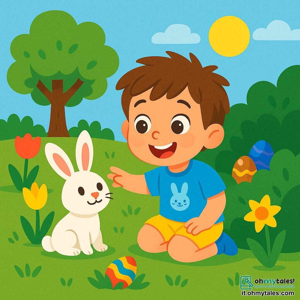 Un bambino di 4 anni, di nome Matteo, con capelli castani disordinati e grandi occhi brillanti, è seduto sull'erba verde del giardino, con il viso illuminato da un sorriso felice. Indossa una maglietta blu con un coniglietto disegnato sopra e un pantaloncino giallo vivo. Accanto a lui c'è un adorabile coniglietto di Pasqua, un piccolo coniglio bianco con grandi orecchie, che guarda Matteo con occhi dolci e incoraggianti, pronto ad aiutarlo nella sua ricerca. Il giardino è pieno di fiori colorati, con tulipani rossi e narcisi gialli che danzano al vento. Sullo sfondo, un grande albero frondoso offre ombra, mentre delle uova di cioccolato brillanti sono nascoste dietro i cespugli. In questa scena, Matteo e il coniglietto di Pasqua sono impegnati nella ricerca di uova di Pasqua perse, con espressioni di eccitazione sui loro volti. Matteo allunga la mano verso un cespuglio, sperando di scoprire un tesoro di cioccolato nascosto.