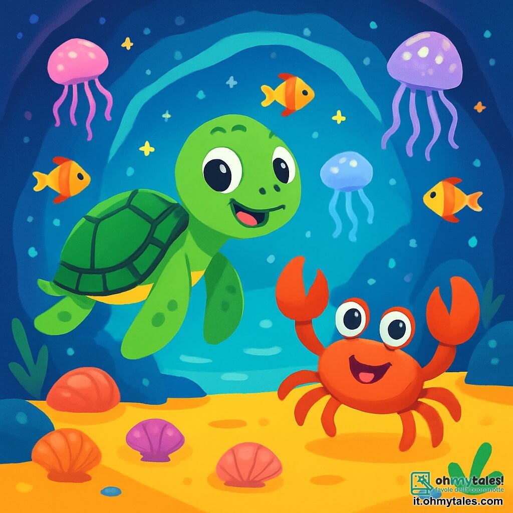 Tino, una piccola tartaruga marina verde con un guscio lucente e occhi brillanti di curiosità, nuota felicemente nell'acqua chiara, con un grande sorriso sul volto. Accanto a lui, Gino, un piccolo granchio rosso vivo con chele divertenti e occhi rotondi, salta allegramente sulla sabbia, mostrando un'espressione giocosa. Lo scenario è una grotta sottomarina magica, con pareti scintillanti e conchiglie colorate che brillano come stelle. Meduse luminose fluttuano dolcemente intorno a loro, illuminando l'acqua con una dolce luce multicolore. La scena mostra Tino e Gino che esplorano insieme, circondati da pesci colorati che nuotano intorno a loro, creando un'atmosfera gioiosa e piena di avventura.