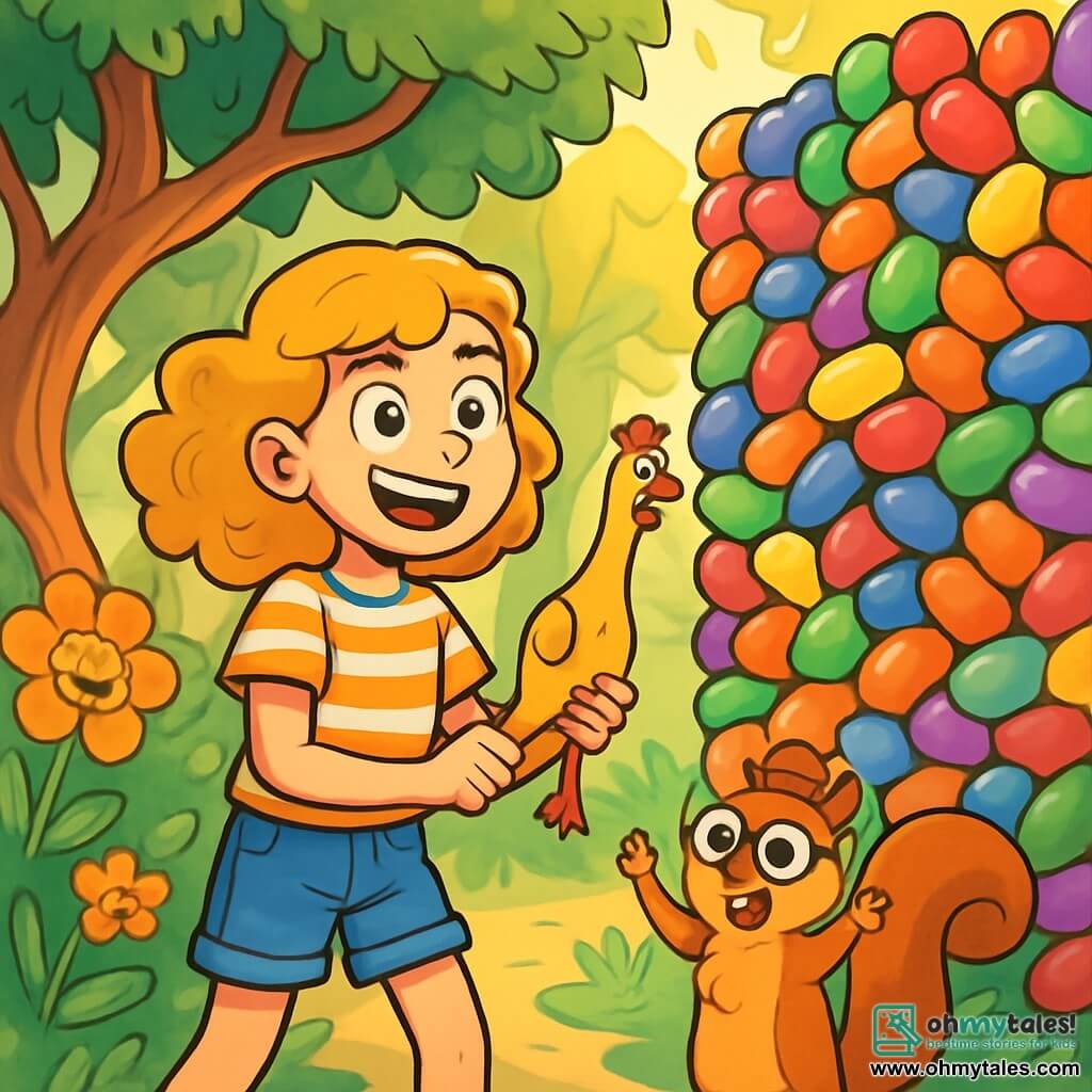 A 12-year-old girl named Lila, with curly golden hair, a bright smile, and sparkling curious eyes, stands in front of a huge wall of multicolored jellybeans. She wears a striped t-shirt and denim shorts, holding a funny plastic chicken named Clucky in one hand, ready to throw it. Next to her, a small squirrel named Professor Nutty, wearing round glasses and a tiny hat, enthusiastically claps with his little paws raised. The setting is an enchanted forest, with twisted tree trunks and vibrant flowers that seem to laugh, while rays of sunlight filter through the foliage, creating a magical atmosphere. The main scene shows Lila, full of energy and determination, ready to tackle the jellybean wall using her imagination and sense of humor.