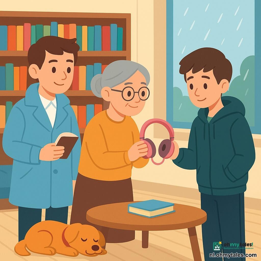 Een jonge detective, nieuwsgierig en rustig, in een lichtblauwe regenjas met kort bruin haar en notitieboekje kijkt licht glimlachend; een volwassen vrouwelijke bibliothecaresse met grijs haar in een knot, ronde bril en mosterdkleurige trui ontvangt zacht en dankbaar een paar roze koptelefoons; een verlegen opgeluchte 14‑jarige jongen in een capuchonjas steekt de zak van zijn jas uit waar de doos met de koptelefoons uitkomt, vlak bij de detective; een klein rood hondje met halsband en belletje slaapt bij de openstaande deur; de scène speelt zich af in een lichte schoolbibliotheek met lage kleurrijke boekenkasten, blauwe kussens, groot raam met regendruppels en lichte houten vloer; hoofdgebeurtenis: eerlijke teruggave van gevonden koptelefoons, kalme gebaren, geruststellende blikken, warme gezonde sfeer, personages gecentreerd rond een salontafel.