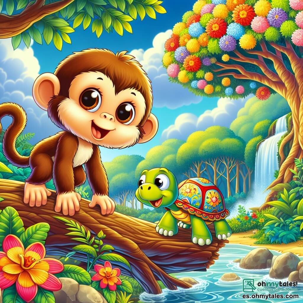 Un pequeño mono capuchino llamado Miko, con un pelaje suave y marrón, ojos chispeantes de curiosidad y una amplia sonrisa, está saltando alegremente de una rama a otra en un hermoso bosque tropical. A su lado, una tortuga de 50 años, llamada Tomás, con un caparazón adornado con patrones coloridos, mira a Miko con admiración, apoyándose en una piedra plana al borde de un arroyo brillante. Al fondo, un gran árbol majestuoso, cubierto de flores brillantes que parecen cantar, se alza bajo un cielo azul salpicado de nubes blancas y esponjosas. La escena captura a Miko en plena exploración, rodeado de la belleza de la naturaleza, listo para vivir una nueva aventura con sus amigos.