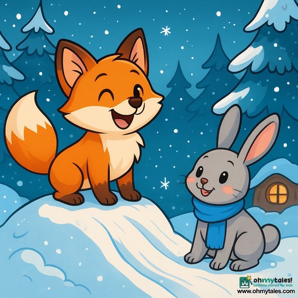 A small orange fox named Milo stands joyfully at the top of a snowy hill, his eyes sparkling with excitement and a bright smile on his face. His fur is soft and silky, and his bushy tail is raised behind him, ready to slide. Beside him is a young bunny named Lena, with big ears and rosy cheeks, watching curiously with sparkling eyes. She wears a blue scarf that contrasts with her light gray fur and stands slightly back, ready to try the small snow slide Milo has built. The setting is a magical winter forest, with majestic trees covered in sparkling snow, gentle snowflakes falling from the light blue sky, and warm lights glowing from the neighboring burrows. The scene captures Milo and Lena, ready to slide down the snowy slope together, sharing a moment of camaraderie and adventure amidst the peaceful beauty of winter.