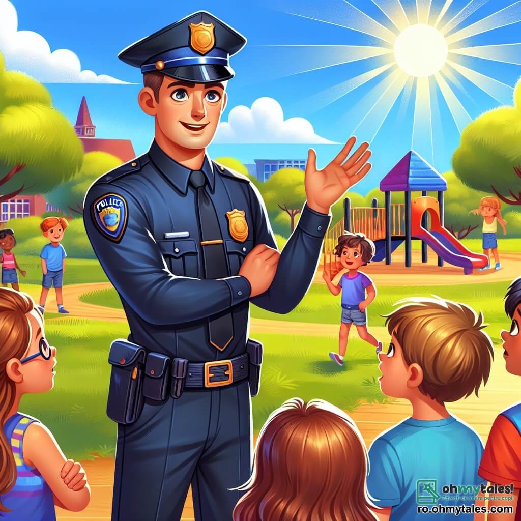 Un polițist pe nume Matei stă în centrul imaginii. Are o statură impunătoare, cu un uniform albastru închis bine ajustat, o șapcă pe cap și un zâmbet cald pe față. Ochii lui strălucesc de entuziasm în timp ce vorbește cu un grup de copii. Printre copii se află Ana, o fetiță de zece ani, cu părul lung și brunet și ochelari rotunzi, care îl privește pe Matei cu admirație, cu brațele încrucișate pe piept. Lângă ea, Andrei, un băiat de zece ani cu părul blond și un tricou roșu, ridică mâna pentru a pune o întrebare, fața lui radiantă de curiozitate. Scena are loc într-un parc verde, plin de copaci măreți și flori colorate. În fundal, se vede o zonă de joacă animată, cu copii care râd și se joacă, în timp ce soarele strălucește pe cerul albastru. Matei le explică copiilor importanța muncii sale de polițist, încurajându-i să fie cetățeni buni, iar copiii, captivați de cuvintele lui, sunt nerăbdători să învețe și să participe împreună la o aventură.