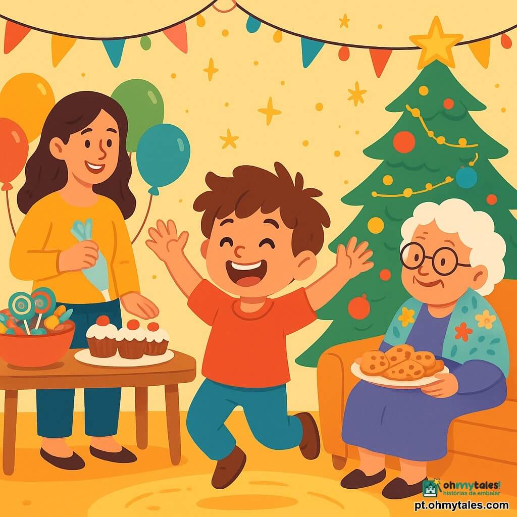 Um menino de 4 anos, chamado Pedro, com cabelos castanhos bagunçados e olhos brilhantes de alegria, usa uma camisa vermelha brilhante e calças azuis. Ele pula de felicidade no meio da sala, com um grande sorriso no rosto e os braços levantados como se quisesse pegar as estrelas. Sua mãe, uma mulher sorridente de cerca de 30 anos, com cabelos longos e cacheados, prepara doces na mesa, cercada por balões coloridos. Vovó, uma avó gentil com óculos e um xale florido, ri enquanto segura um prato de bolos, sentada no sofá ao lado de Pedro. A sala está decorada com guirlandas brilhantes, luzes piscantes e uma grande árvore de Natal em um canto, criando uma atmosfera festiva. A cena principal mostra Pedro, animado, pronto para celebrar o Ano Novo com sua família, cercado de risos e cores vibrantes.
