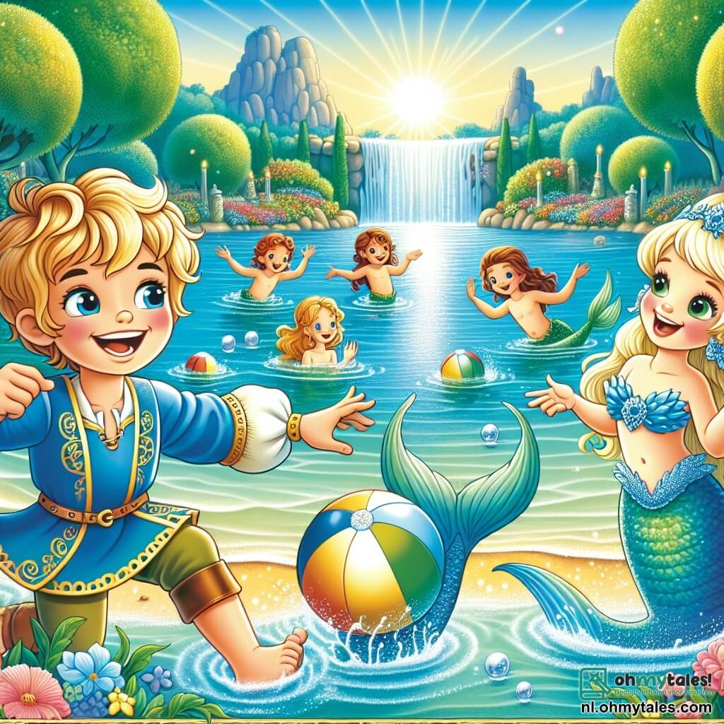 Aan de oever van een prachtig kristalhelder meer speelt prins Floris, een jongen van ongeveer 10 jaar met blond, krullend haar, in een blauwe tuniek versierd met gouden motieven. Hij lacht vrolijk, zijn ogen sprankelend van opwinding, terwijl hij met zeemeerminnen speelt. De zeemeermin Serena, een mooi meisje met lang blauw haar en een glinsterende staart, zwemt naast hem, lachend en spetterend met haar handen. Ze is ongeveer 12 jaar oud en lijkt vol leven en energie. De omgeving is betoverend, met majestueuze bomen met stralend groene bladeren, kleurrijke bloemen langs de oever en zonnestralen die over het water dansen. De hoofdscène toont prins Floris en Serena die een waterbalspel spelen, omringd door gelach en waterbellen, terwijl andere zeemeerminnen hen vanaf de oever aanmoedigen, wat een vrolijke en magische sfeer creëert.