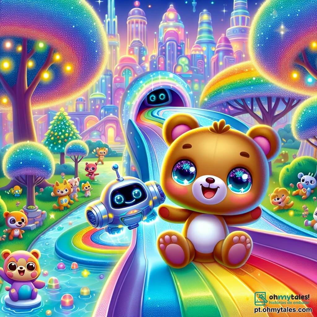 Em um parque mágico da cidade futurista de Lumina, um pequeno ursinho de pelúcia chamado Téo, com pelagem marrom suave e olhos brilhantes de curiosidade, desliza alegremente em um escorregador em forma de arco-íris, exibindo um grande sorriso. Ao lado dele, um pequeno robô flutuante chamado Lumin, com um corpo prateado brilhante e luzes coloridas piscando, observa Téo com um sorriso amigável, seus olhos luminosos expressando excitação e alegria. O parque está cheio de árvores cintilantes com folhas multicoloridas, brinquedos animados que cantam e dançam, e crianças-animais que riem e brincam ao redor, criando uma atmosfera alegre e mágica. A cena principal mostra Téo descendo o escorregador arco-íris, enquanto Lumin o incentiva, cercados por uma atmosfera vibrante e colorida, cheia de magia e descobertas.
