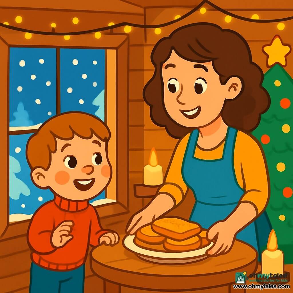 A 6-year-old boy named Tom, with round, rosy cheeks, smiles with sparkling curious eyes. He wears a red wool sweater and blue pants, gazing out the window, mesmerized by the gently falling snow. Next to him, his mother, a woman in her thirties with curly brown hair, prepares a plate of French toast at the table, a warm smile on her face. The scene takes place in a small wooden house decorated with fairy lights, featuring a sparkling Christmas tree in one corner and candles casting a soft golden glow. The room is filled with warmth, with snowflakes visible through the window, creating a magical and festive atmosphere. Tom, full of enthusiasm, eagerly awaits the arrival of a mysterious guest while his mother prepares the meal, making the atmosphere even more welcoming and joyful.
