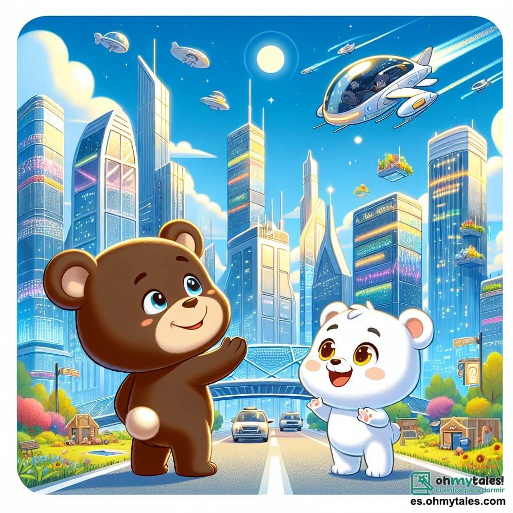 Un pequeño oso marrón con ojos brillantes, pelaje suave y una expresión maravillada, se encuentra en el centro de una ciudad futurista, observando los edificios brillantes a su alrededor. A su lado, un perrito blanco con una sonrisa cálida, pelaje sedoso y ojos vivos, lo anima con entusiasmo, señalando un vehículo volador que pasa sobre ellos. El lugar es una metrópoli deslumbrante, donde los rascacielos de vidrio brillan bajo el sol, los vehículos flotantes surcan el cielo azul y los jardines colgantes añaden toques de verde colorido. La escena principal muestra al oso y al perrito descubriendo juntos las maravillas de esta ciudad mágica, llenos de asombro y curiosidad, listos para explorar un mundo donde la tecnología y la naturaleza se armonizan.