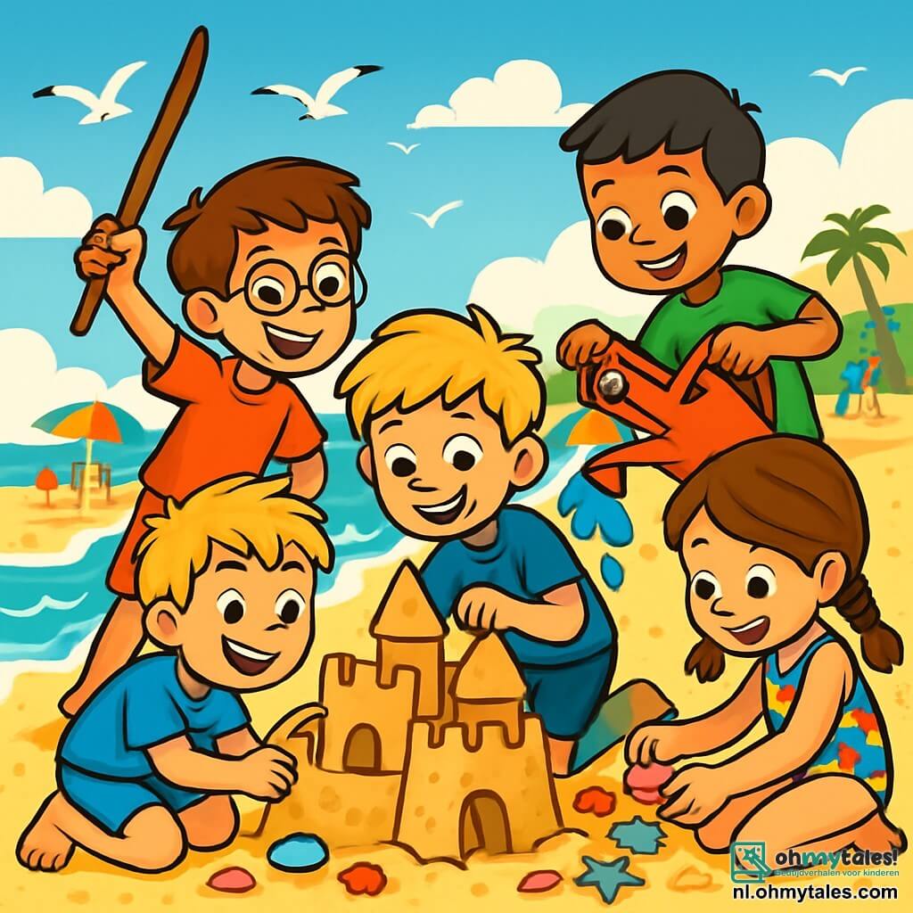 Er zijn 4 kinderen: - Jens: een 10-jarig jongetje met rommelig blond haar en sprankelende ogen. Hij draagt een blauwe t-shirt en shorts. Hij is bezig met het bouwen van een groot zandkasteel. - Sem: een 10-jarig jongetje met bruin haar en een bril. Hij draagt een rood t-shirt en gestreepte shorts. Hij doet alsof hij een piraat is met een stok als zwaard, staande naast Jens. - Roos: een 8-jarig meisje met gevlochten kastanjebruin haar en een mooi bloemenbadpak. Ze zit op de grond en versiert het zandkasteel met gekleurde schelpen. - Farid: een 9-jarig jongetje met zwart haar en levendige ogen. Hij draagt een groene t-shirt en shorts. Hij giet water over het kasteel om het steviger te maken, net achter Jens. De locatie is een zonnig strand met glinsterend goudkleurig zand. Op de achtergrond komen zachte golven het strand kussen en meeuwen vliegen in de heldere blauwe lucht. Kleurrijke parasols staan op het zand en gezinnen wandelen langs de zee. De belangrijkste situatie toont de kinderen in actie, lachend en samen plezier hebbend, geconcentreerd op het bouwen van hun zandkasteel, omringd door schelpen en strandspeelgoed, terwijl een grote golf zich aandient, klaar om hen te verrassen.
