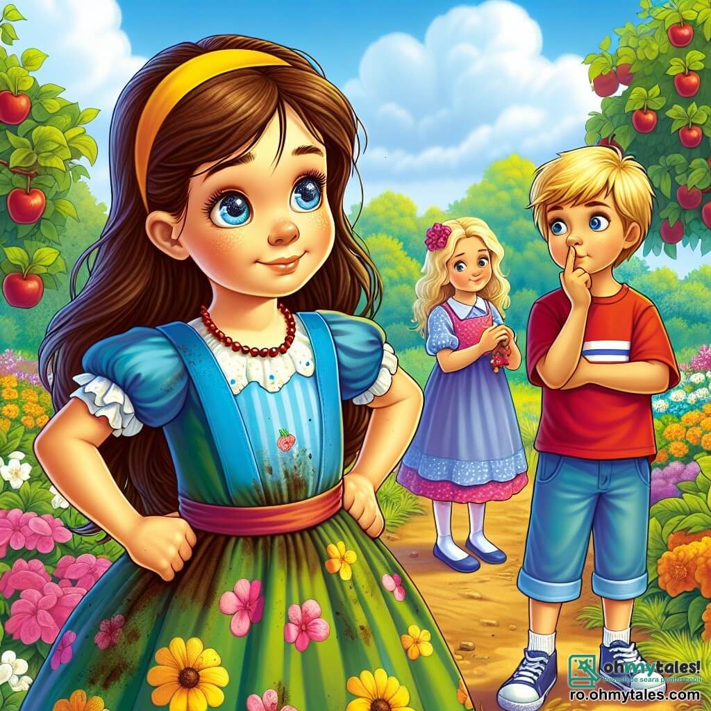 O fetiță de 6 ani, Maria, cu părul lung și brunet și ochi strălucitori, stă în centrul scenei, având o expresie de determinare și sinceritate. Ea poartă o rochie frumoasă și colorată, ușor șifonată, iar mâinile îi sunt așezate pe șolduri, pregătită să-și mărturisească adevărul prietenilor. În dreapta ei, Andrei, un băiat de 6 ani cu părul blond și ochi albaștri, o privește pe Maria cu un zâmbet încurajator, ținând un jucărie în mâini. El este îmbrăcat cu un tricou roșu și o pereche de pantaloni scurți albaștri și pare pregătit să o asculte. În fundal, curtea Mariei este plină de flori strălucitoare, pomi încărcați de fructe și un cer albastru mare presărat cu nori albi pufoși. Situația principală o arată pe Maria, înconjurată de prietenii ei, pregătindu-se să respire adânc înainte de a dezvălui că a mințit despre motivul pentru care rochia ei este murdară, creând un moment de tensiune și așteptare în aer.