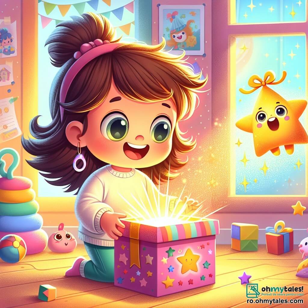 O fetiță de 4 ani, Mia, cu ochi mari și strălucitori și păr castaniu în dezordine, zâmbește cu uimire în timp ce ține în mâini o cutie mică și luminoasă. Alături de ea, Tiki, un mic personaj strălucitor care seamănă cu o stea cu brațe și picioare, flotă vesel în aer, pregătit să o ducă într-o aventură. Scena se desfășoară în camera Miei, decorată cu pereți pastel și jucării colorate împrăștiate pe podea, iar o fereastră lasă să intre lumina aurie a soarelui, iluminând camera cu o atmosferă caldă. Mia și Tiki stau în fața cutiei magice, care strălucește intens, în timp ce scântei dansează în jurul lor, creând o atmosferă de mister și entuziasm, pregătiți să călătorească în timp spre lumi necunoscute.