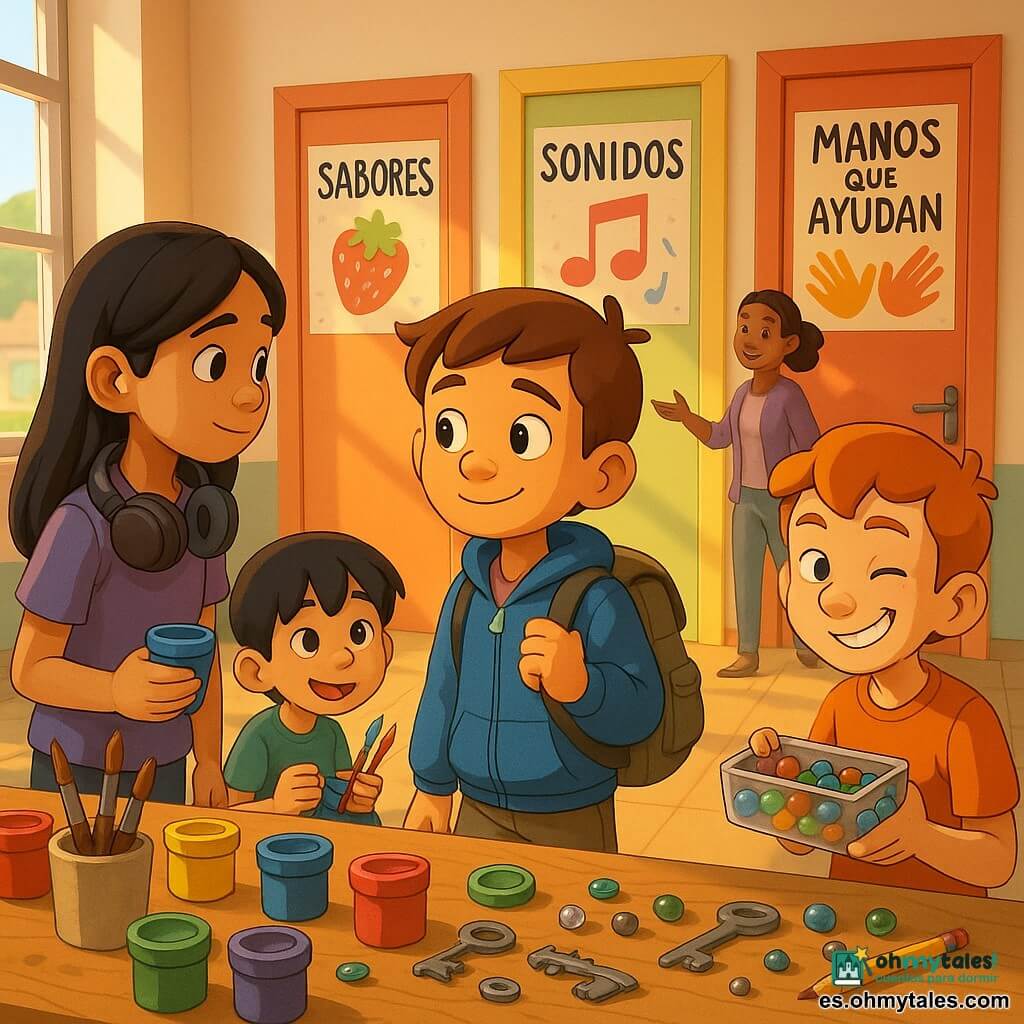Un niño de 10 años llamado Leo, rostro sonriente pero algo tímido, piel ligeramente bronceada, cabello corto castaño, chaqueta azul y una vieja mochila, camina hacia tres puertas pintadas de colores vivos mientras mira un gran papel blanco en la pared; a su izquierda, Sara, también de 10 años, con audífonos detrás de las orejas y uno alrededor del cuello, sostiene un bote de pintura junto a la mesa de materiales; delante del rincón “Sabores” está agachado Yun, niño chino de 10 años con pelo negro recto, sujetando pinceles y pequeños objetos multicolores; a la derecha de Leo, Tomás, 10 años, piel clara y pelo rojizo, sonríe pícaro y sostiene una caja de canicas; la profesora Nadia, mujer de unos 30–35 años, piel morena y pelo recogido, indica el mural; el centro comunitario es luminoso con grandes ventanas, una gran hoja de papel en la pared, botes de pintura y pinceles sobre una mesa de madera, luz cálida y atmósfera de anticipación, estilo infantil, colores saturados y texturas visibles, composición centrada en Leo.