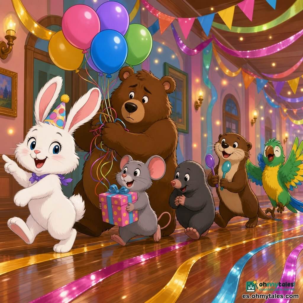 Lila, una pequeña conejita blanca de pelaje suave y orejas rosadas, guía alegre una farándula con un sombrero de cumpleaños ladeado; Bruno, un osito marrón regordete, preocupado pero tierno, desenreda globos; Rita, una ratoncita gris diminuta, sostiene un regalo a lunares; Tino, un topo pequeño de hocico redondo, avanza muy bajo y tímido; Nora, una nutria de pelaje brillante, marca el ritmo con cucharas que tintinean; Kiko, un loro verde y amarillo, cierra la fila cantando; todo transcurre en un largo pasillo de madera decorado con cintas brillantes, guirnaldas y luces como luciérnagas, creando una farándula de cumpleaños vivaz, festiva y tierna.