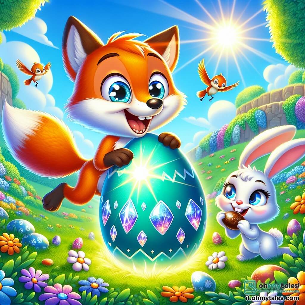 Rocco, una piccola volpe dai peli arancioni e dagli occhi pieni di curiosità, salta di gioia davanti a un grande uovo di Pasqua colorato che brilla al sole. Ha un grande sorriso sul viso, mostrando il suo entusiasmo per l'avventura che lo attende. Accanto a lui, Bianca, un'adorabile coniglietta bianca con lunghe orecchie morbide, guarda l'uovo con occhi sgranati, esprimendo meraviglia. Pino, un coniglietto marrone macchiato di bianco, sta un po' in disparte, mordicchiando un pezzo di cioccolato, con un sorriso soddisfatto. La scena si svolge in un giardino incantevole, pieno di fiori colorati, alberi maestosi e erba verde brillante, dove il sole splende e gli uccelli cantano gioiosamente. Al centro dell'illustrazione, Rocco, Bianca e Pino scoprono insieme l'uovo misterioso, creando un'atmosfera di eccitazione e amicizia, pronti a partire per la caccia al tesoro di Pasqua.