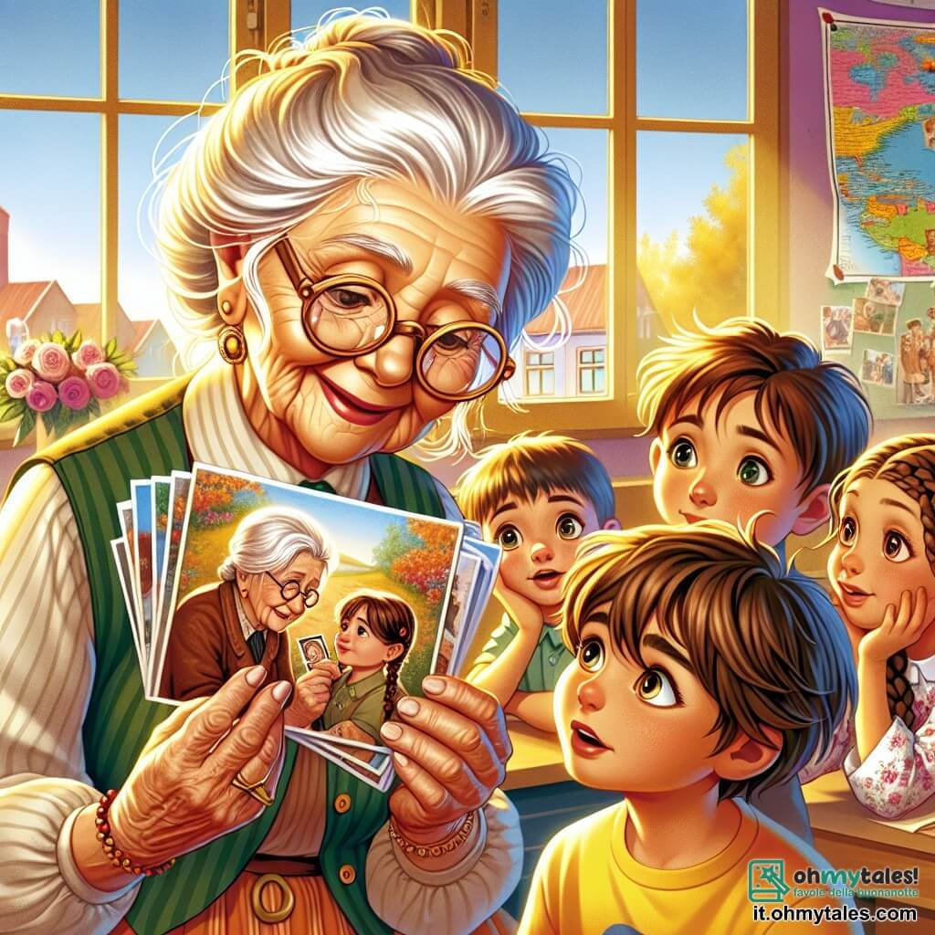 Una donna anziana, Nonna Sofia, con capelli argentati e occhiali rotondi, sorride dolcemente mentre tiene in mano una vecchia foto. I suoi occhi brillanti esprimono nostalgia e saggezza. Accanto a lei, un ragazzo di 8 anni, con capelli castani arruffati e una maglietta gialla, l'ascolta attentamente, con occhi spalancati per la curiosità. Un'altra bambina, di 7 anni con due trecce e un vestito a fiori, guarda la lettera che Nonna Sofia ha portato, affascinata dalle parole scritte a mano. La scena si svolge in un'aula accogliente, con muri decorati da disegni di bambini e finestre che lasciano entrare la luce del sole, illuminando i volti dei bambini. Sullo sfondo, una grande mappa del mondo mostra paesi colorati, ricordando l'importanza della pace. La situazione principale mostra Nonna Sofia che condivide storie di coraggio e amicizia durante tempi difficili, circondata da bambini attenti che sognano un futuro migliore.