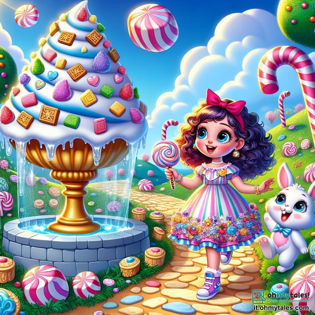 Una ragazza di 12 anni, di nome Viola, con capelli ricci e viola, occhi scintillanti di curiosità, si trova davanti a una grande fontana di gelato colorata, con un sorriso meravigliato sul volto. Indossa un vestito a motivi di caramelle e tiene in mano un frullato scintillante, pronta a condividerlo. Accanto a lei, un piccolo coniglio bianco con un cappello rosso, dagli occhi maliziosi, salta allegramente, mostrando la strada verso la fontana. Il paesaggio è una collina soleggiata, coperta di marshmallow giganti e biscotti colorati, con nuvole a forma di marshmallow che fluttuano in un cielo blu brillante. Gli alberi di zucchero filato fiancheggiano il sentiero, aggiungendo un tocco di magia all'ambiente. Viola, piena di entusiasmo, è pronta a gustare il frullato magico, mentre il coniglio la incoraggia con un grande sorriso, creando un'atmosfera gioiosa e giocosa.