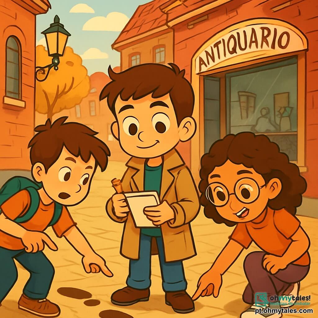 Um garoto de onze anos, chamado Henrique, está no centro da imagem, com olhos curiosos e um sorriso determinado. Ele usa um velho casaco de detetive, segurando um caderno em uma mão e um lápis na outra, pronto para anotar suas descobertas. À sua direita, uma menina da mesma idade, Sara, com cabelos cacheados e óculos, observa atentamente uma pista no chão, com uma expressão concentrada e entusiasmada. À esquerda, Tomás, outro garoto da mesma idade, com cabelos castanhos bagunçados, aponta para uma pegada, parecendo intrigado. O cenário é uma rua antiga de Vila Neblina, com casas de tijolos vermelhos, lampiões de ferro forjado e árvores com folhas douradas, criando uma atmosfera misteriosa. Ao fundo, a velha loja de antiguidades do Sr. Baltazar, com uma vitrine empoeirada e objetos antigos, adiciona um toque de enigma à cena. A situação principal mostra Henrique e seus amigos em plena investigação, examinando pistas no chão, com expressões de curiosidade e empolgação, prontos para resolver o mistério do roubo da caixa de música.