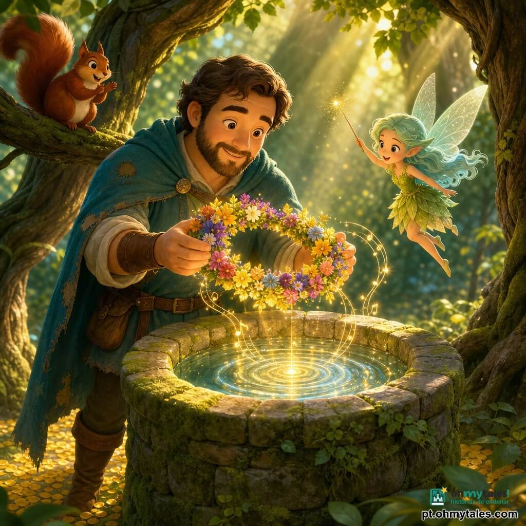 Homem Duarte, rosto redondo e barba por fazer, expressão serena e feliz, olhos brilhantes, capa azul-esverdeada gasta e botas de couro marrom, segurando delicadamente uma coroa de flores multicolor sobre um poço de pedra; Fada Grinalda, muito pequena, cabelos verde-menta e vestido de folhas, voando ao nível do ombro direito e sorrindo com uma varinha cintilante; esquilo ruivo num galho à esquerda, focinho curioso e cauda felpuda, aplaudindo; poço redondo de pedra coberto de musgo, água límpida, árvores antigas e tapete de pétalas douradas sob luz suave de fim de tarde com raios filtrados; Duarte pousa a coroa no rebordo e as flores emanam brilho quente e ondulações visíveis na água, cena calma, mágica e de alívio; paleta em verdes esmeralda, azuis suaves e toques de amarelo dourado, texturas em gradiente e atmosfera acolhedora.