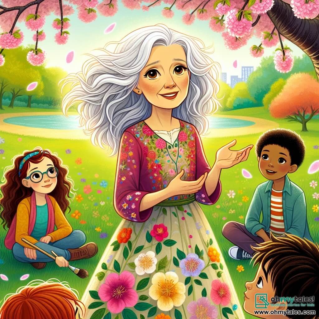 In the center of the image, a woman named Mrs. Maple, in her fifties, stands under a beautiful cherry blossom tree. She has silver hair gently blowing in the wind and sparkling wise eyes. Her face expresses a sweet melancholy and comforting warmth as she tells a story to the children. She wears a colorful dress adorned with floral patterns, symbolizing peace and harmony. Surrounding her is a group of attentive children, including Lily, a 10-year-old girl with curly red hair and a bright smile, standing close to Mrs. Maple, her eyes shining with excitement. To her right is Sam, a 9-year-old boy with glasses and messy brown hair, listening with an intense look of curiosity. Finally, Maya, an 8-year-old girl with smooth black hair, sits cross-legged, holding a brush and a painted stone, ready to share her message of peace. The setting is a lush park, bathed in golden light, with colorful flowers and birds singing in the trees. The cherry blossom tree, with its pink petals gently falling, creates a magical and peaceful atmosphere. The main scene shows Mrs. Maple telling stories of peace and understanding to the captivated children, who are inspired and surrounded by painted stones with messages of kindness, symbolizing their project of sharing and unity.