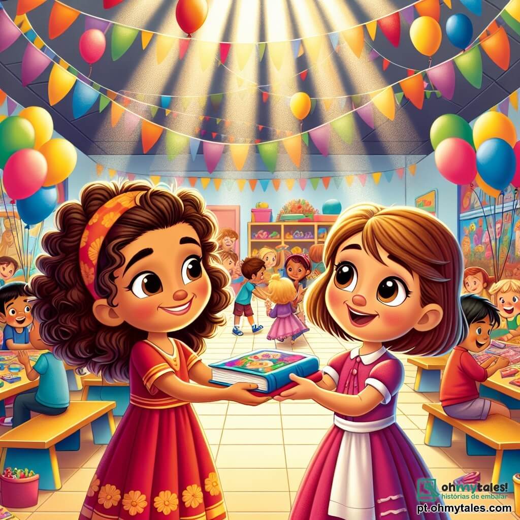 Uma menina de 8 anos, Sofia, com cabelos castanhos e cacheados, e olhos brilhantes de curiosidade, está no centro da imagem. Ela usa um vestido colorido e um grande sorriso no rosto, demonstrando seu entusiasmo enquanto entrega um livro a outra criança. Ao lado dela, Ana, uma menina de 8 anos com cabelos loiros e lisos, com uma expressão de alegria e surpresa, abraça o livro contra o peito, seus olhos brilhando de gratidão. O cenário se passa em um centro comunitário animado, cheio de mesas cobertas de brinquedos e livros coloridos, com balões pendurados nas paredes. É possível ver crianças brincando e trocando sorrisos ao redor, criando uma atmosfera calorosa e acolhedora. A cena principal mostra Sofia entregando um livro a Ana, simbolizando o ato de compartilhar e solidariedade, enquanto outras crianças se divertem ao redor, ilustrando o espírito de comunidade e ajuda mútua.