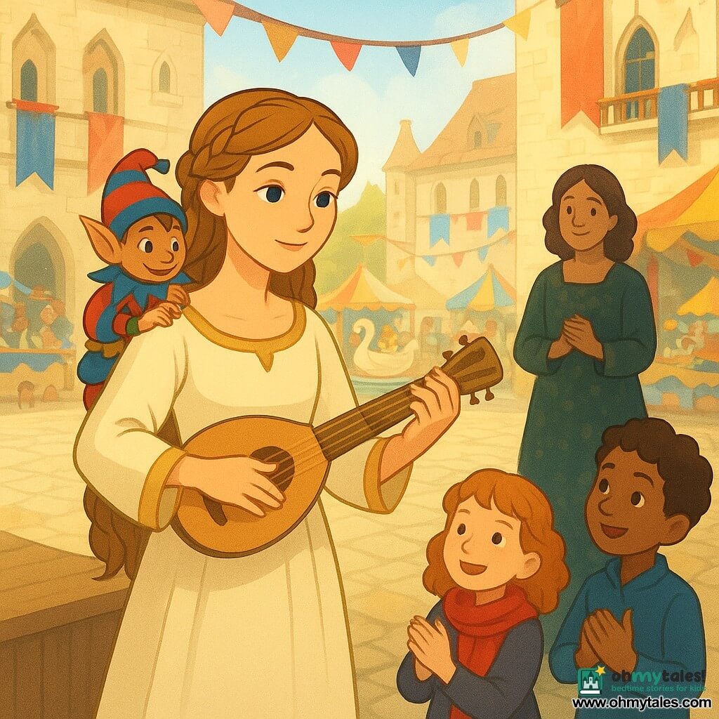 The princess stands center stage, serene and focused with bright eyes and light brown braided hair, wearing a simple cream dress with gold trim as she plays a small honey‑wood lute; Purl, a mischievous multicolored sprite with a drum hat, perches on her shoulder encouragingly; Lady Morwen, about 45, watches from the platform with a warm, proud look and hands clasped in a dark floral gown; a freckled redheaded girl of about eight applauds near a boy holding a paper flag. The wide stone palace square is lined with light facades, red, blue and gold banners, swan‑shaped decorated chariots, candy stalls and ribbon garlands; morning light casts soft shadows and golden dust, a gentle breeze lifts ribbons, and the overall mood is joyful, intimate, with crisp graphic details and saturated colors.
