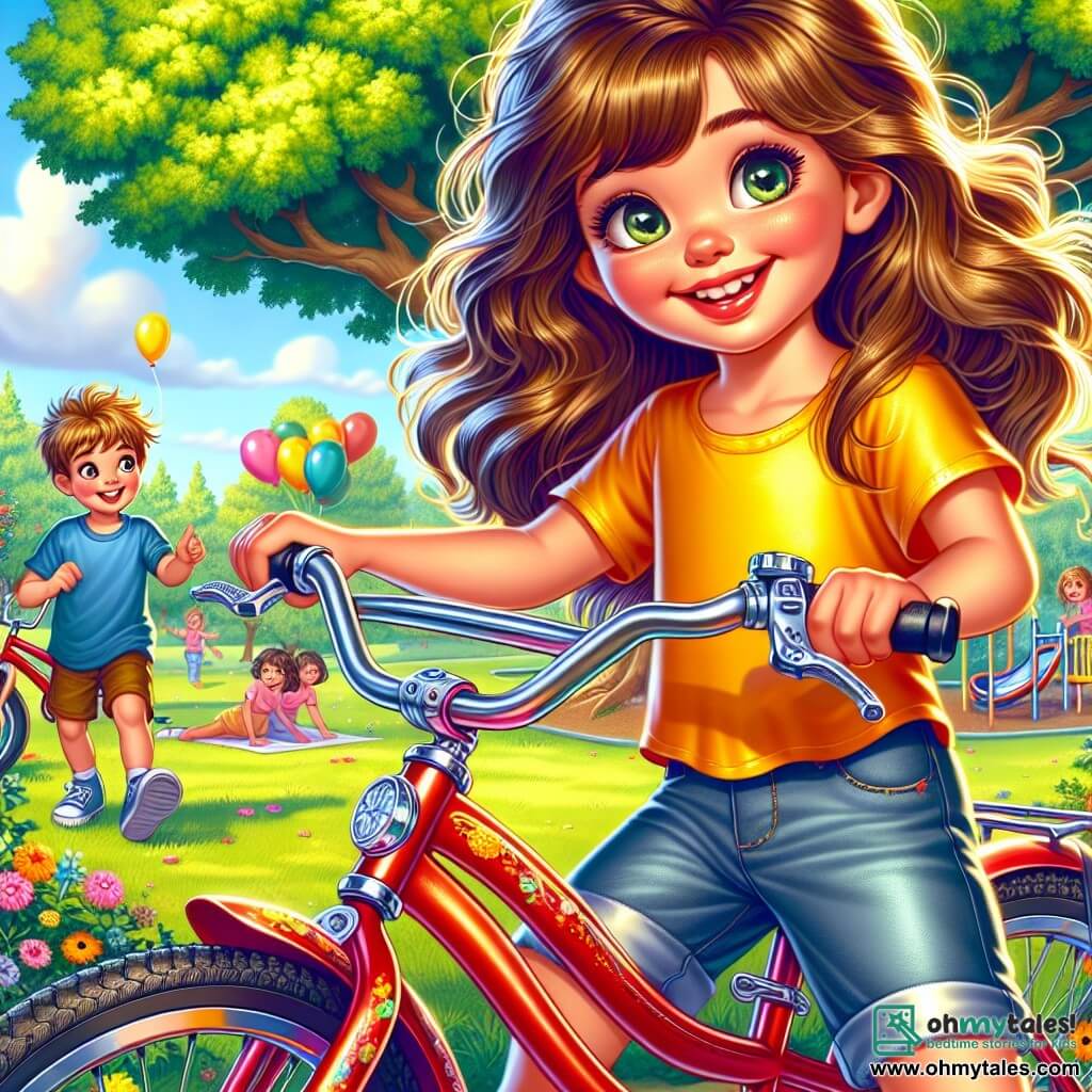 An 8-year-old girl, Ellie, with long brown hair and sparkling eyes, stands on a shiny red bike, smiling widely with flushed cheeks from excitement. She wears a bright yellow t-shirt and denim shorts, her arms raised in victory. Next to her, a 9-year-old boy, Max, with messy blonde hair and a blue t-shirt, looks at her with a friendly smile, holding his own red bike with silver wheels. The setting is a sunny park with a large oak tree, colorful flowers scattered on the ground, and children playing in the background. The scene takes place near a lively playground, where laughter echoes and balloons float in the blue sky. Ellie, on her bike, has just won a race but feels a slight hesitation, realizing she borrowed Max's bike without asking. Her expression shows both the joy of victory and a bit of worry as she prepares to confess the truth to her friends.