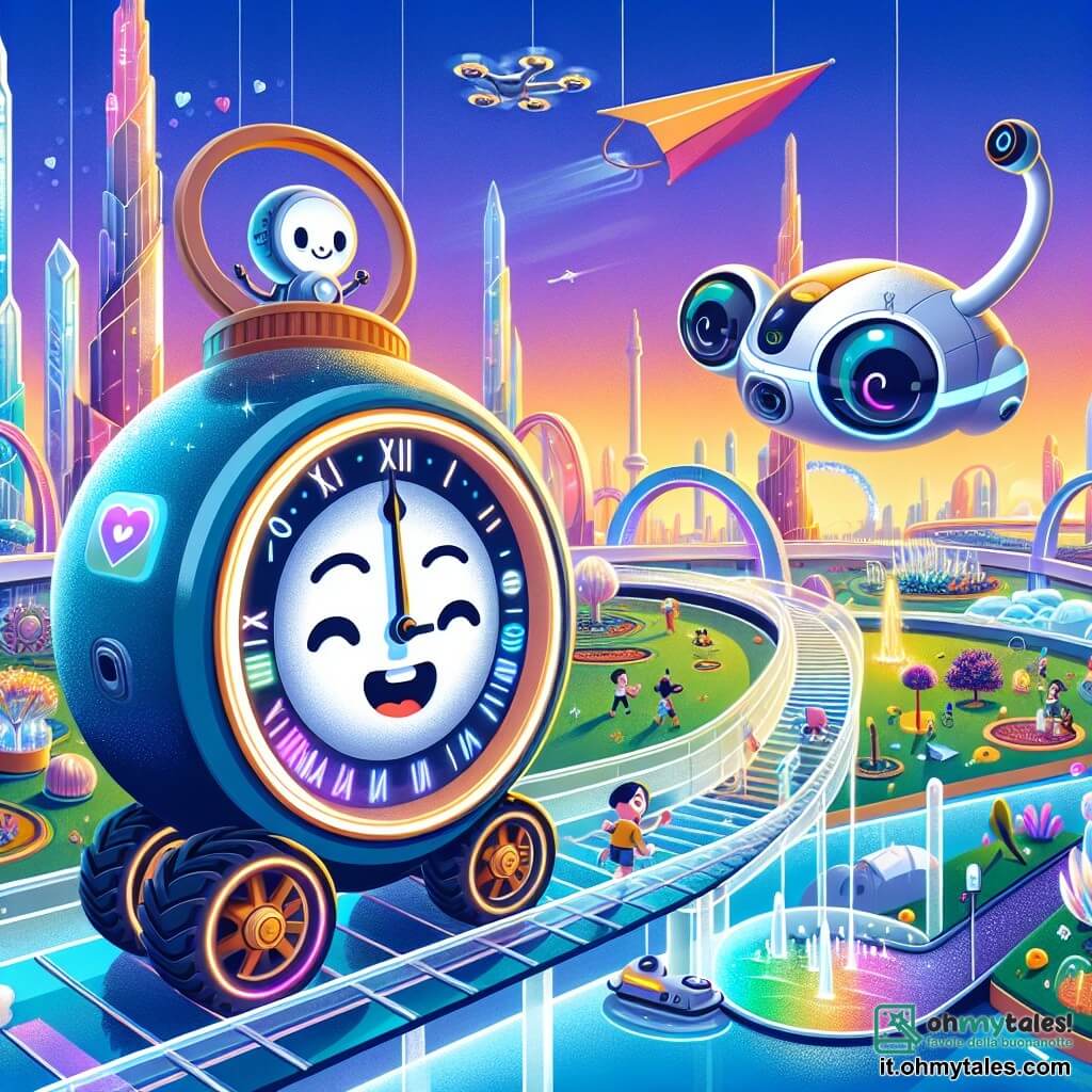 In un parco futuristico di LuminaCity, un piccolo orologio di nome Tic, con un quadrante sorridente e occhi luminosi, rotola felicemente su una passerella trasparente, i suoi ingranaggi scintillano sotto le luci colorate della città. Accanto a lui, un drone di nome Zip, con una camera come occhi e un'antenna a forma di corno, fluttua nell'aria, mostrando a Tic i progetti ecologici su un grande schermo. Il parco è pieno di giardini sospesi, fontane con acque colorate che creano arcobaleni e edifici di cristallo che brillano al tramonto, mentre i bambini giocano con aquiloni volanti. Tic e Zip, meravigliati, scoprono insieme le nuove iniziative per rendere LuminaCity più verde e sostenibile, condividendo il loro entusiasmo per un futuro radioso.