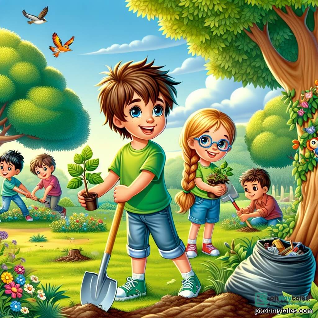 Um garoto de 10 anos, Lucas, com cabelos castanhos bagunçados e olhos brilhantes de determinação, está plantando uma pequena árvore em um parque ensolarado. Ele usa uma camiseta verde vibrante e um short de jeans, e seu rosto expressa grande alegria e orgulho. Ao lado dele, Ana, uma menina de 9 anos com cabelos longos e loiros trançados, sorri segurando uma pá, pronta para ajudar. Um pouco mais longe, Pedro, um garoto de 10 anos com óculos e cabelos pretos, está recolhendo lixo em um saco plástico, com uma expressão concentrada. O parque está cheio de vegetação exuberante, com árvores majestosas, flores coloridas e um céu azul brilhante. A cena principal mostra Lucas e seus amigos em ação, unindo forças para deixar o parque mais bonito e limpo, enquanto se divertem juntos.