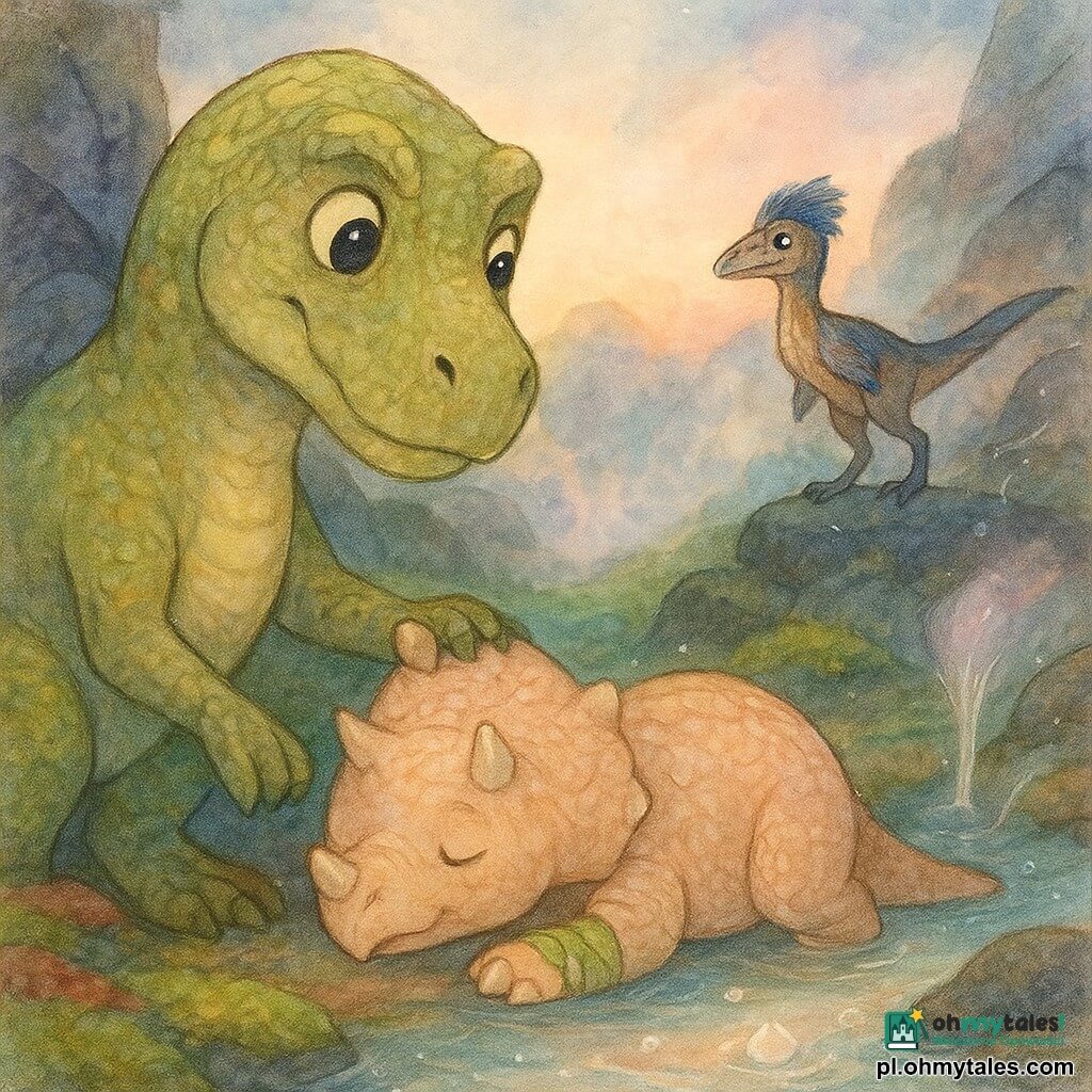 Młody Tyranozaur o ciekawym, łagodnym spojrzeniu, oliwkowo-zielonych łuskach z żółtawymi tonami, klęczy nad małym gorącym basenem, podpierając rannego, zaokrąglonego triceratopsa o krótkich rogach i różowo-beżowych łuskach, którego przednia łapa jest zabandażowana liśćmi; obok na bezpiecznym kamieniu stoi smukły, żywy velociraptor Zefir z brązowo-niebieskimi piórami, wskazując pyszczkiem drogę i czujnie obserwując, a całość rozgrywa się w ukrytej dolinie otoczonej błyszczącymi czarnymi skałami, z dywanem zielonej i czerwonej mchu, delikatną parą w różowo-niebieskich smugach, małymi gejzerami i ciepłym strumieniem, który leczy ranę; scena jest łagodna, zmierzchowa, w pastelowych barwach, z podkreślonymi fakturami łusek, liści i kropli pary.