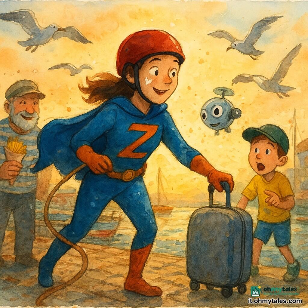 Supereroina adulta sorridente ma concentrata, macchia di vernice bianca sulla guancia e sulla tuta blu elettrico con grande Z arancione sul petto, casco da bici rosso, mantello leggermente impigliato a una corda mentre afferra delicatamente la maniglia di una valigia ribelle che rotola; un piccolo drone tondo chiamato Bzz-Bip, metallico argento con occhi disegnati, ronza vicino alla sua spalla destra con aria maliziosa; a sinistra, sullo sfondo, un pescatore di circa 60 anni, barbuto e abbronzato, con abiti a righe e coppola tiene un cono di patatine osservando divertito; a destra un bambino di circa 8 anni con berretto su uno scooter verde indica la valigia con la bocca aperta per lo stupore; tre gabbiani bianchi e grigi svolazzano sopra, uno inclinato come se guardasse la valigia; ambientazione in una marina lastricata al tramonto con moli in legno, barche colorate, bandierine spiegazzate, un chiosco di patatine e una locandina che svolazza, con texture ad acquerello e riflessi sull'acqua; scena principale dinamica e comica: l'eroina trattiene la valigia che scivola verso la passerella mentre gli altri reagiscono con sorpresa e divertimento in un'atmosfera calda e leggera.