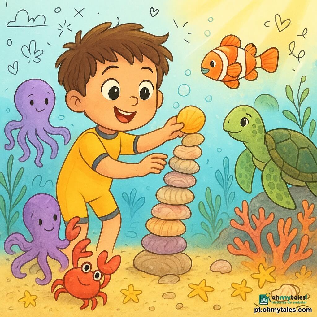 Um menino de 6 anos, rosto redondo, cabelos castanhos bagunçados, olhos grandes e brilhantes, sorrindo e maravilhado, veste um macacão de mergulho amarelo de mangas curtas; estende as duas mãos para colocar uma pedra redonda e dourada no último degrau de uma escada feita de conchas. Um caranguejo vermelho vivo, com pinças brilhantes, está ao lado da escada oferecendo uma pequena pedra rosa; um peixe-palhaço laranja e branco nada em diagonal atrás do menino com uma pedra azul na boca e bolhas subindo; uma grande tartaruga-marinha de escamas verdes e marrons repousa sobre um rochedo de coral à direita, inclinando a cabeça em incentivo; um polvo roxo sorridente envolve delicadamente uma pedra lilás à esquerda da escada, seus braços ondulando como ornamento. Fundo marinho luminoso com algas verdes ondulantes, corais rosa e laranja, pequenas estrelas-do-mar amarelas e fragmentos de concha cintilantes; luz dourada filtrando de cima em feixes diagonais. Cena principal: momento alegre e cooperativo em que o menino coloca a última pedra na escada de conchas, cercado por animais marinhos amigáveis; composição centrada, cores saturadas, contrastes suaves, texturas de conchas e bolhas visíveis, atmosfera calorosa e acolhedora.