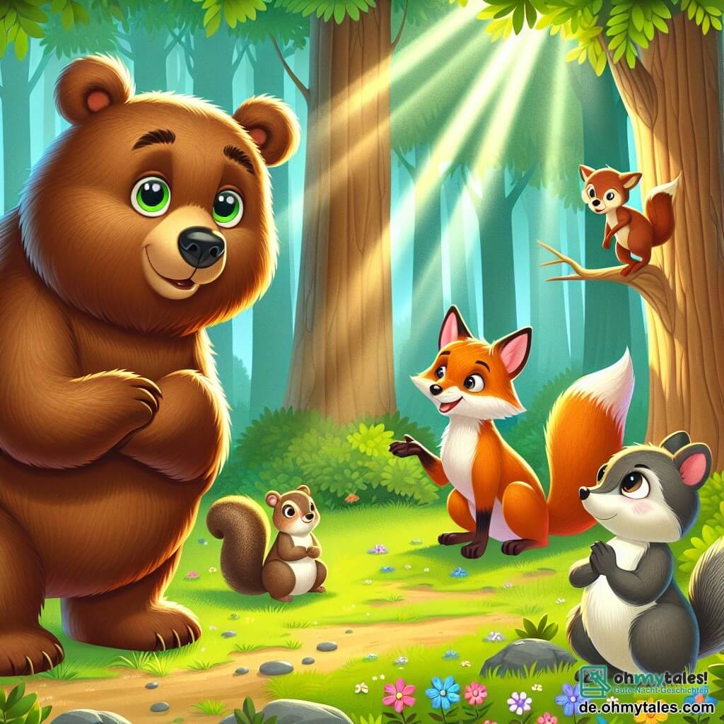 Ein junger Braunbär mit neugierigen Augen und weichem, seidig glänzendem Fell steht auf seinen Hinterbeinen und schaut entschlossen auf eine Gruppe von Tieren, die sich um ihn versammelt haben. Er wirkt sowohl besorgt als auch inspiriert, bereit, eine wichtige Botschaft zu teilen. Neben ihm sitzt ein schlauer Fuchs mit leuchtend orangefarbenem Fell und buschigem Schwanz auf einem Felsen, aufmerksam lauschend und mit einem ermutigenden Lächeln. Ein schelmisches Eichhörnchen mit grauem Fell und kleinen, agilen Pfoten klettert auf einen Ast direkt darüber und beobachtet die Szene aufgeregt. Die Szene spielt in einer grünen Lichtung, umgeben von majestätischen Bäumen mit üppigem Laub, durch das Sonnenlicht strömt und Licht- und Schattenspiele auf den Boden wirft. Bunte Blumen schmücken den Boden und verleihen der Umgebung einen Hauch von Magie. Der junge Bär ermutigt seine tierischen Freunde, sich zu versammeln, um ihren geliebten Wald vor den Auswirkungen des Klimawandels zu schützen, während eine sanfte Brise die Blätter um sie tanzen lässt und Hoffnung und Einheit in ihrer gemeinsamen Mission symbolisiert.