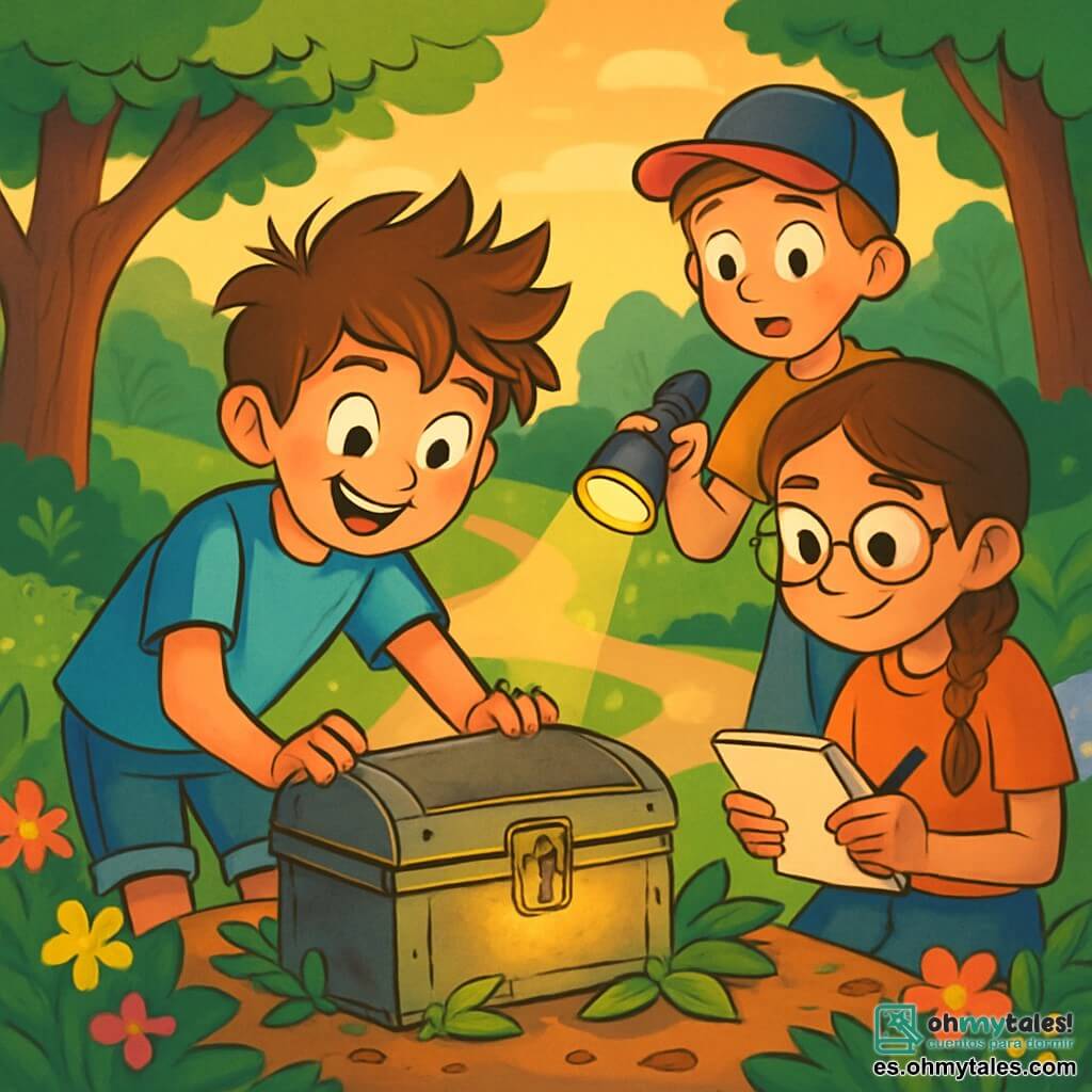 Un niño de 12 años, con el cabello despeinado y los ojos brillantes de curiosidad, se inclina emocionado sobre una antigua caja de metal, su rostro iluminado por la luz dorada del sol poniente. Lleva una camiseta azul brillante y un short de mezclilla, y sus manos están cubiertas de tierra, evidencia de su exploración. A su lado, una niña de 11 años, con trenzas castañas y gafas redondas, observa atentamente con un cuaderno en mano, lista para tomar notas. Otro niño de 12 años, con cabello castaño y una gorra, se mantiene un poco atrás, sosteniendo una linterna, con los ojos abiertos de asombro. El lugar es un parque verde, lleno de grandes árboles con hojas exuberantes, un sendero sinuoso bordeado de flores coloridas y un pequeño arroyo cercano. En el centro de la escena, la caja misteriosa está rodeada de hojas y ramas, creando una atmósfera de aventura y misterio. Los niños están en plena exploración, cautivados por el secreto que guarda la caja.