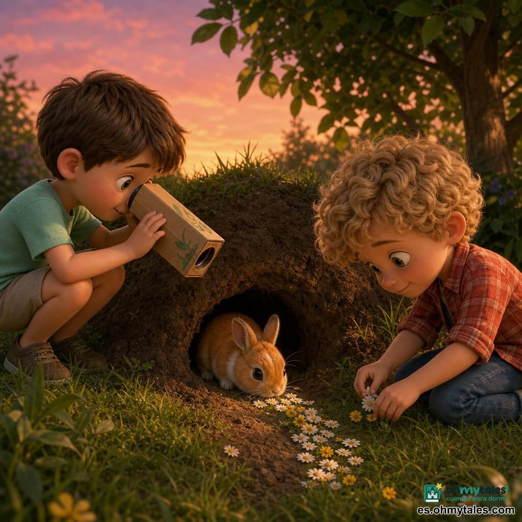 Hay tres personajes: Mateo (niño, 5 años) de cabello castaño corto y piel clara, con camiseta verde menta y pantalón corto beige, agachado a la izquierda del agujero mirando por un periscopio de cartón; Lucas (niño, 5 años) de cabello rubio rizado y piel ligeramente bronceada, con camisa a cuadros roja y vaqueros, sentado a la derecha colocando flores y hojas para formar un camino luminoso hacia la entrada; y un conejito pequeño de pelaje naranja con manchas blancas, orejas cortas y ojos negros brillantes, asomando tímidamente a mitad del agujero y olfateando el sendero de flores. Todo ocurre en un rincón de jardín al crepúsculo con hierba verde, un montículo de tierra que forma el agujero, margaritas blancas y pequeñas flores amarillas que trazan el sendero, algunos arbustos y un árbol pequeño cuyas hojas proyectan sombras suaves; la escena es tierna y cálida, con colores naturales, texturas táctiles (cartón, pelaje suave, pétalos frágiles), iluminación suave de fin de tarde y expresiones curiosas y atentas en los rostros de los niños.