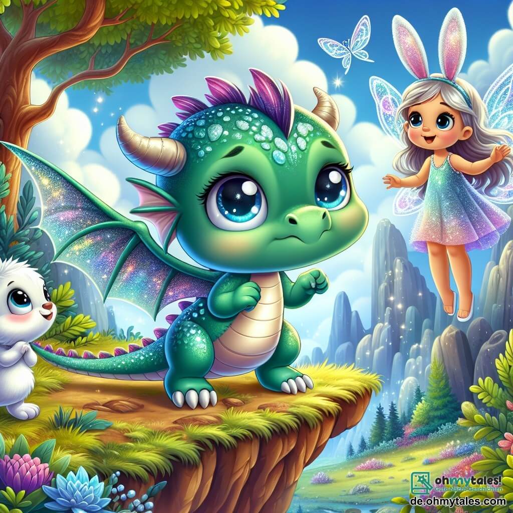 Ein kleiner Drache mit schimmernden grünen Schuppen, großen neugierigen Augen und einem Ausdruck von Aufregung und ein wenig Nervosität steht am Rand einer hohen Klippe. Seine Flügel sind ausgebreitet, bereit zum Abheben, während er den blauen Himmel mit weißen Wolken betrachtet. In der Nähe lächelt eine kleine Fee mit durchsichtigen, schimmernden Flügeln und lila Haaren, die im Wind wehen, ermutigend. Sie hebt die Arme, bereit, ihrer Freundin zu helfen, mit einem Ausdruck von Vertrauen und Freude. Ein mutiger kleiner Hase mit großen Ohren und weißem Fell steht etwas im Hintergrund, springt begeistert auf der Stelle und ist bereit, den Drachen anzufeuern. Die Szenerie zeigt eine wunderschöne verzauberte Waldlandschaft mit majestätischen Bäumen, bunten Blumen und einem sonnigen Himmel, der die Szene erhellt. Der Drache steht kurz davor, in die Leere zu springen, bereit, zum ersten Mal zu fliegen, umgeben von seinen Freunden, die ihn mit Lächeln und unterstützenden Gesten anfeuern.