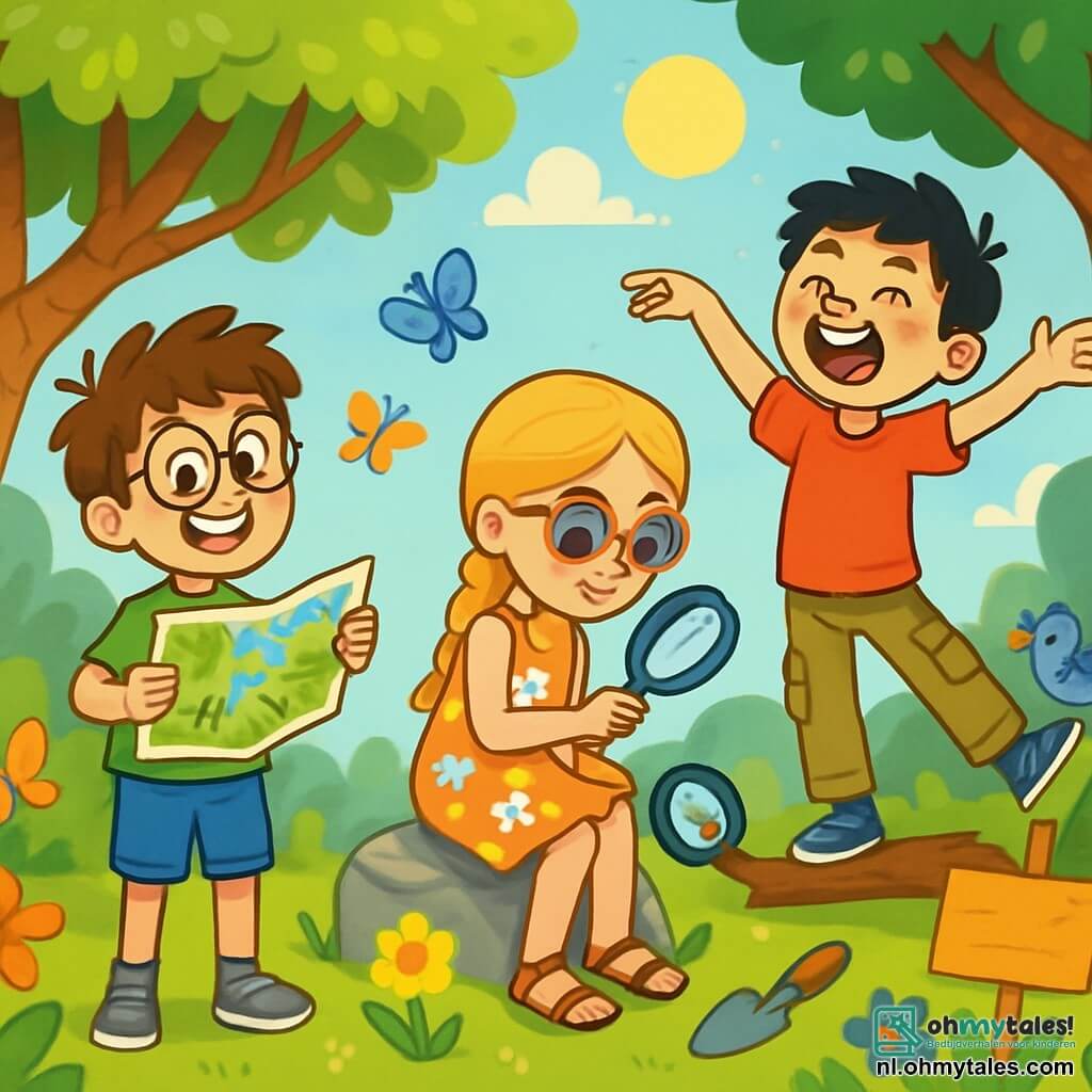 Er zijn 3 personages: - Max: een 10-jarig jongen met wild bruin haar en ronde brillen. Hij draagt een groene t-shirt en een blauwe short, en hij houdt een natuurkaart in zijn handen, glimlachend met enthousiasme. - Sophie: een 10-jarig meisje met lange gevlochten blonde haren en kleurrijke zonnebrillen. Ze draagt een bloemenjurk en sandalen, en ze observeert een insect met een vergrootglas, zittend op een steen. - Joris: een 10-jarig jongen met zwart haar en sproeten. Hij draagt een rode t-shirt en een cargobroek, en hij trekt een grappig gezicht terwijl hij een vogel imiteert, staand op een tak. De situatie speelt zich af in een prachtige open plek in een weelderig bos, omringd door grote bomen met stralende bladeren en kleurrijke bloemen die dansen in de wind. De zon schijnt door de takken en creëert zachte schaduwen op de grond. Kleurrijke vlinders fladderen om hen heen, en je kunt het gezang van de vogels horen in de blauwe lucht. De hoofdscène van het verhaal toont de drie vrienden die de opening van hun ecotoer vieren, omringd door bloemen en insecten. Ze zijn blij en enthousiast, delen hun ideeën over natuurbescherming, met kleurrijke borden en tuingereedschap naast hen.