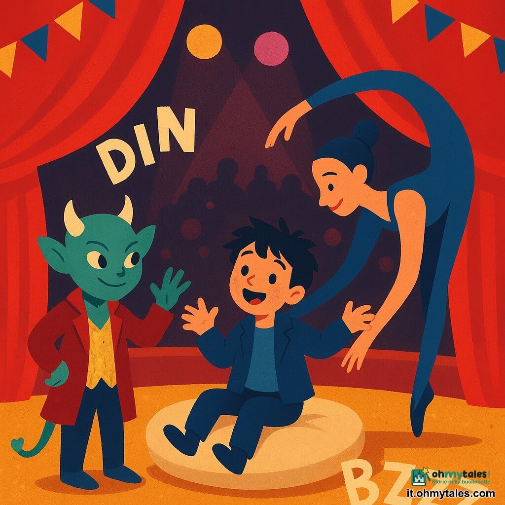 Nilo, protagonista: piccolo essere da circo metà bambino metà mostro, corna corte color gesso, occhi che cambiano dal verde menta al blu brillante, coda sottile annodata a forma di cuore, espressione maliziosa e rassicurante, in piedi ai margini della pista a fare effetti sonori con le mani, costume in velluto rosso e panciotto giallo con paillettes. Timo, personaggio secondario importante: ragazzo umano spettinato, giacca troppo grande, viso sorpreso e gioioso coperto di segatura, al centro della pista che ricade su un grande cuscino beige con le braccia aperte come se galleggiasse. Leda, contorsionista acrobata: donna snella in body blu notte, sorridente e concentrata, forma una “cabina” attorno a Timo con il corpo arcuato, posizionata leggermente dietro e sopra di lui. Scena nella pista principale del circo: segatura dorata a terra, tendone rosso aperto sullo sfondo, luci gialle e rosa che creano ombre morbide, bandierine colorate e qualche fila di sedili scuri con sagome che applaudono. Momento comico e caloroso: ascensore improvvisato si blocca e Timo atterra sul cuscino, il pubblico ride; composizione centrata, colori saturi, texture visibili (velluto, legno, segatura, paillettes), atmosfera scintillante e rassicurante con luce calda sui personaggi.