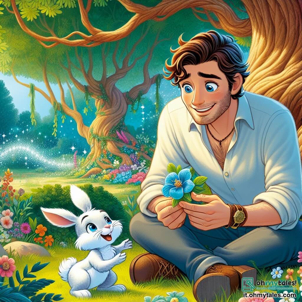 Un uomo di nome Luca, sulla trentina, con capelli castani e occhi pieni di curiosità, è seduto sotto un grande albero dalle foglie verdi brillanti. Sorride meravigliato, tenendo in mano un bellissimo fiore blu, come se avesse appena scoperto un tesoro. Accanto a lui, un piccolo coniglietto bianco, con grandi orecchie e occhi maliziosi, salta gioiosamente sull'erba, invitando Luca a seguirlo. Il coniglietto sembra un giovane bambino, pieno di vita e magia, pronto a scoprire un mondo meraviglioso. Il luogo è un giardino incantato, pieno di fiori colorati dai petali scintillanti, sotto un cielo blu chiaro punteggiato di nuvole bianche e soffici. Alberi maestosi circondano il giardino, i cui tronchi spessi e nodosi aggiungono un tocco di mistero a questo luogo da favola. La scena principale mostra Luca, meravigliato, che scopre il giardino magico, mentre il coniglietto lo invita a esplorare questo mondo pieno di colori e sogni, simboleggiando la gioia e la magia dell'immaginazione.